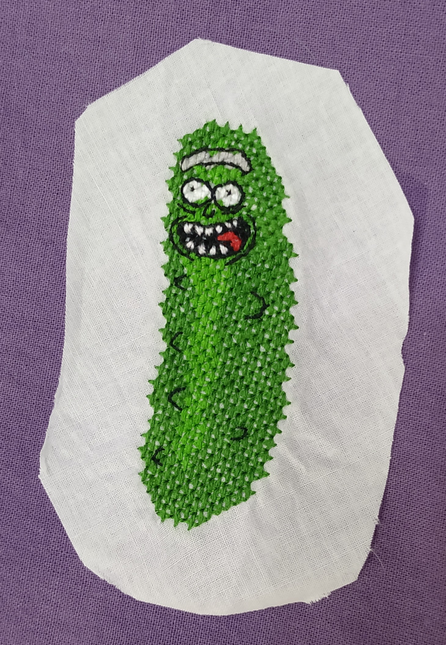 Flip the pickle, Morty! My first brooch based on Rick and Morty. - My, Longpost, Needlework with process, Brooch, Rick and Morty, Embroidery, Rick gherkin