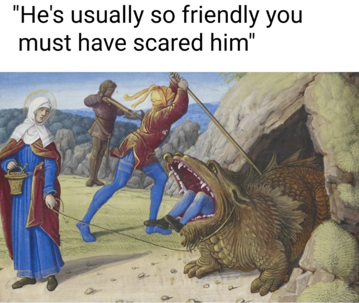 He's usually very friendly, you probably scared him - Memes, Translation, Dog lovers, Dogs and people, Dog, Suffering middle ages