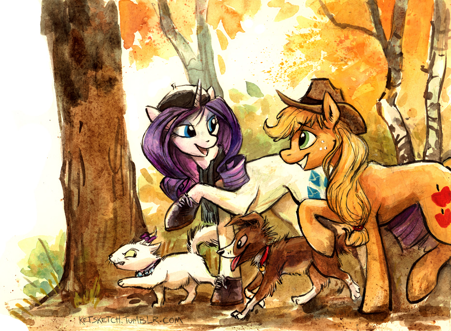 Fall Stroll - My Little Pony, Rarity, Applejack, Opalescence, Winona, Осень, Прогулка, Kenket