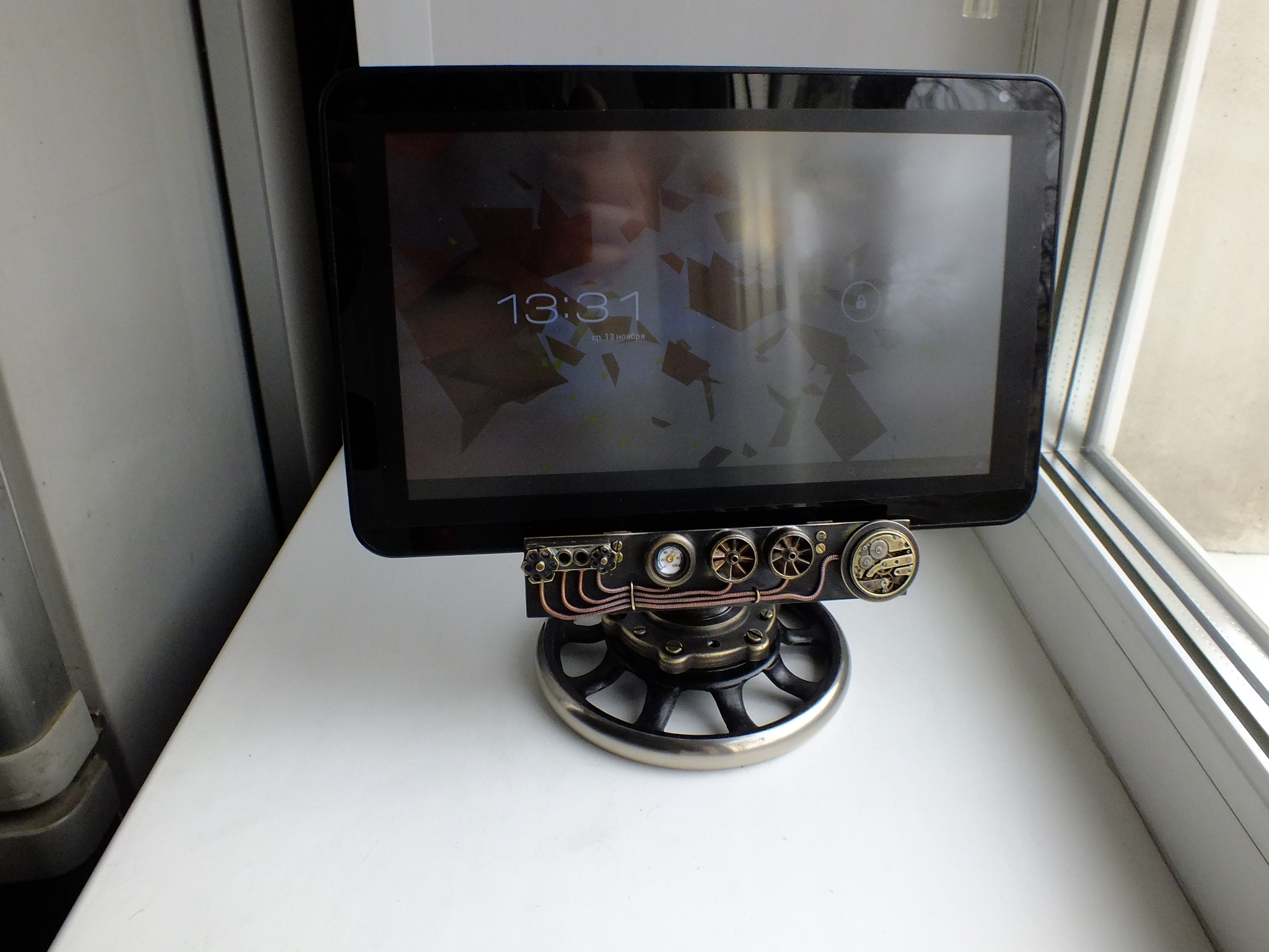 Table stand for a tablet made from a steering wheel from a sewing machine - My, Steampunk, Needlework without process, Video, Longpost, Stand