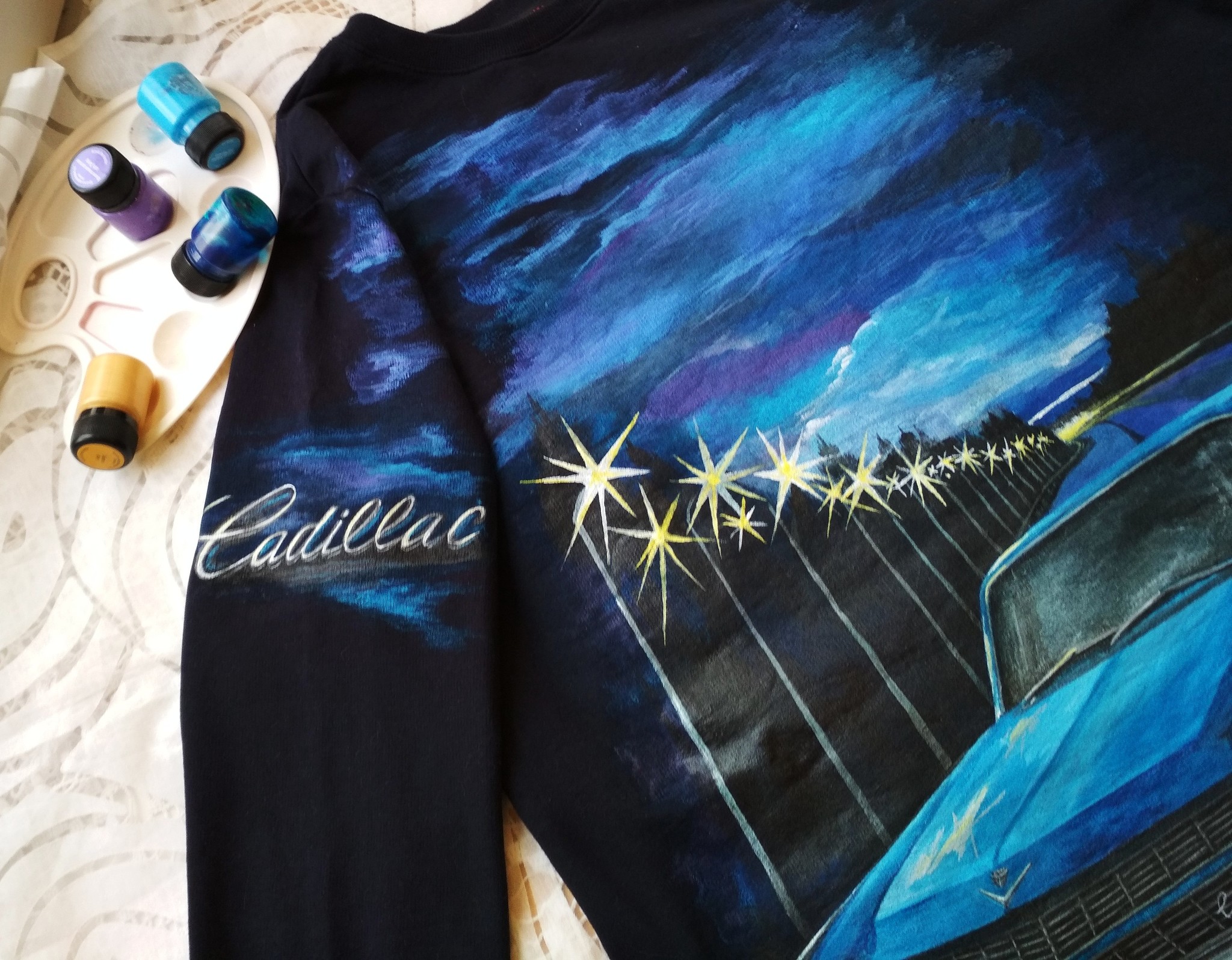 Sports dress with Cadillac Fleetwood - My, Creation, The dress, Painting on fabric, Car, Night, Longpost