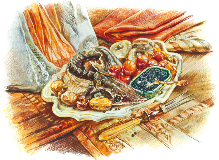 Russian cuisine - Food, Drawing, National cuisine, Kitchen, Longpost, Pie, Dumplings, Okroshka, Porridge, Easter