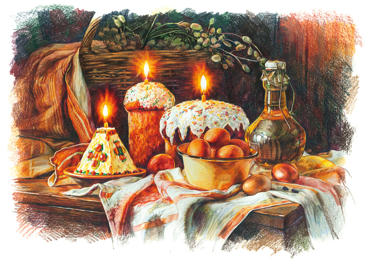 Russian cuisine - Food, Drawing, National cuisine, Kitchen, Longpost, Pie, Dumplings, Okroshka, Porridge, Easter