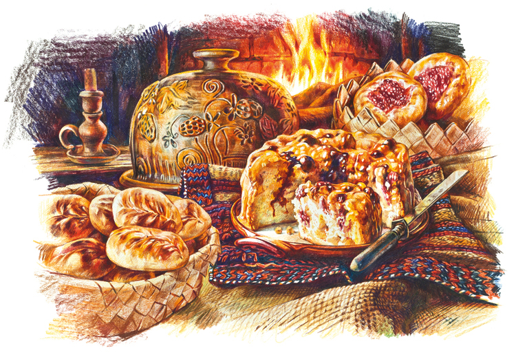 Russian cuisine - Food, Drawing, National cuisine, Kitchen, Longpost, Pie, Dumplings, Okroshka, Porridge, Easter