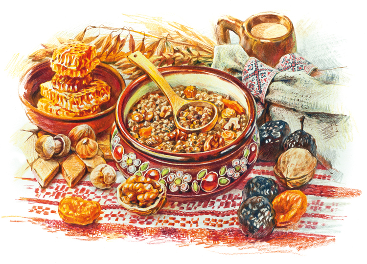 Russian cuisine - Food, Drawing, National cuisine, Kitchen, Longpost, Pie, Dumplings, Okroshka, Porridge, Easter