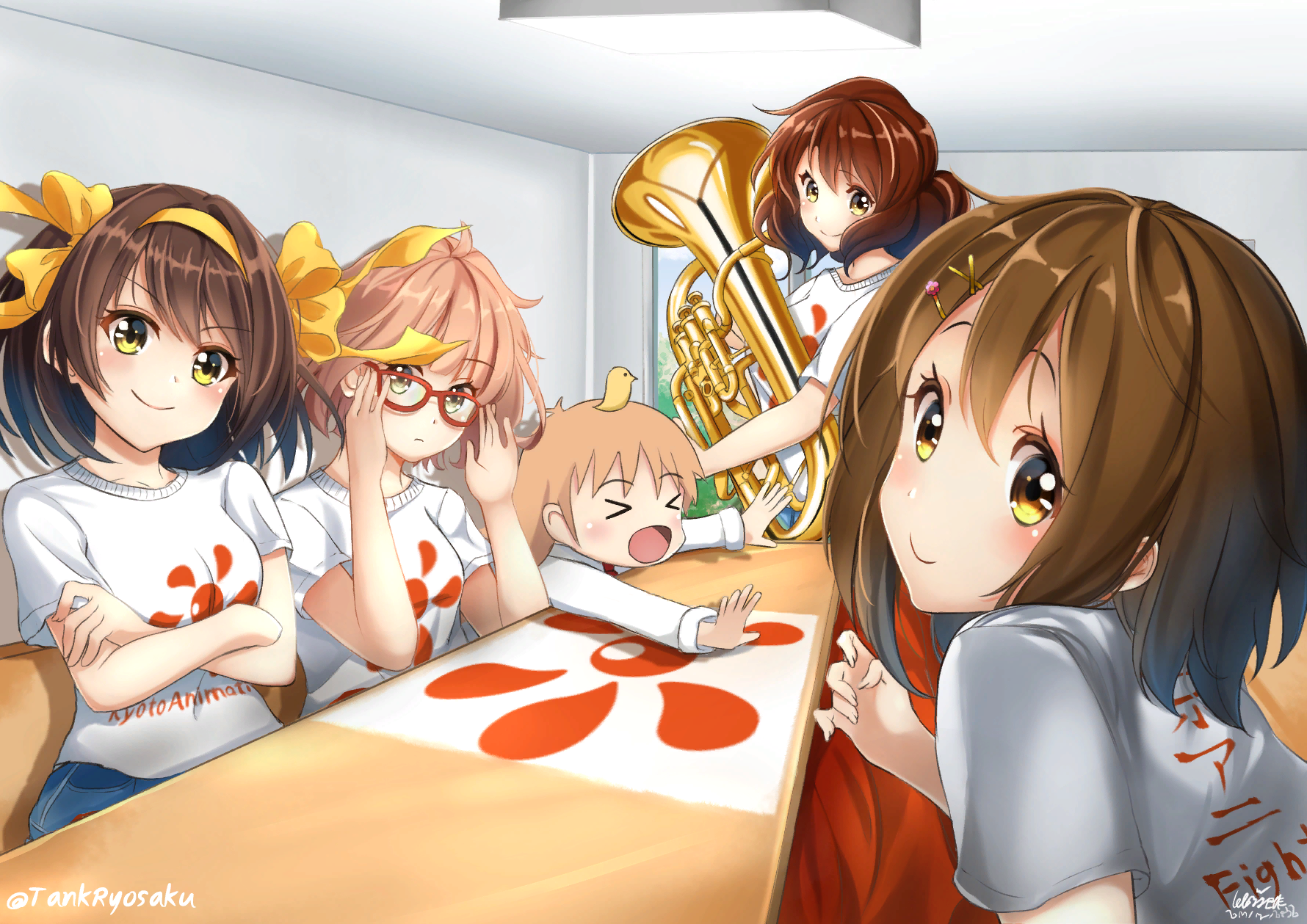 KyoAni crossover - Anime art, Anime, Crossover, Suzumiya haruhi, Yui Hirasawa, Mirai Kuriyama, Kumiko oumae, Shinonome Hakase