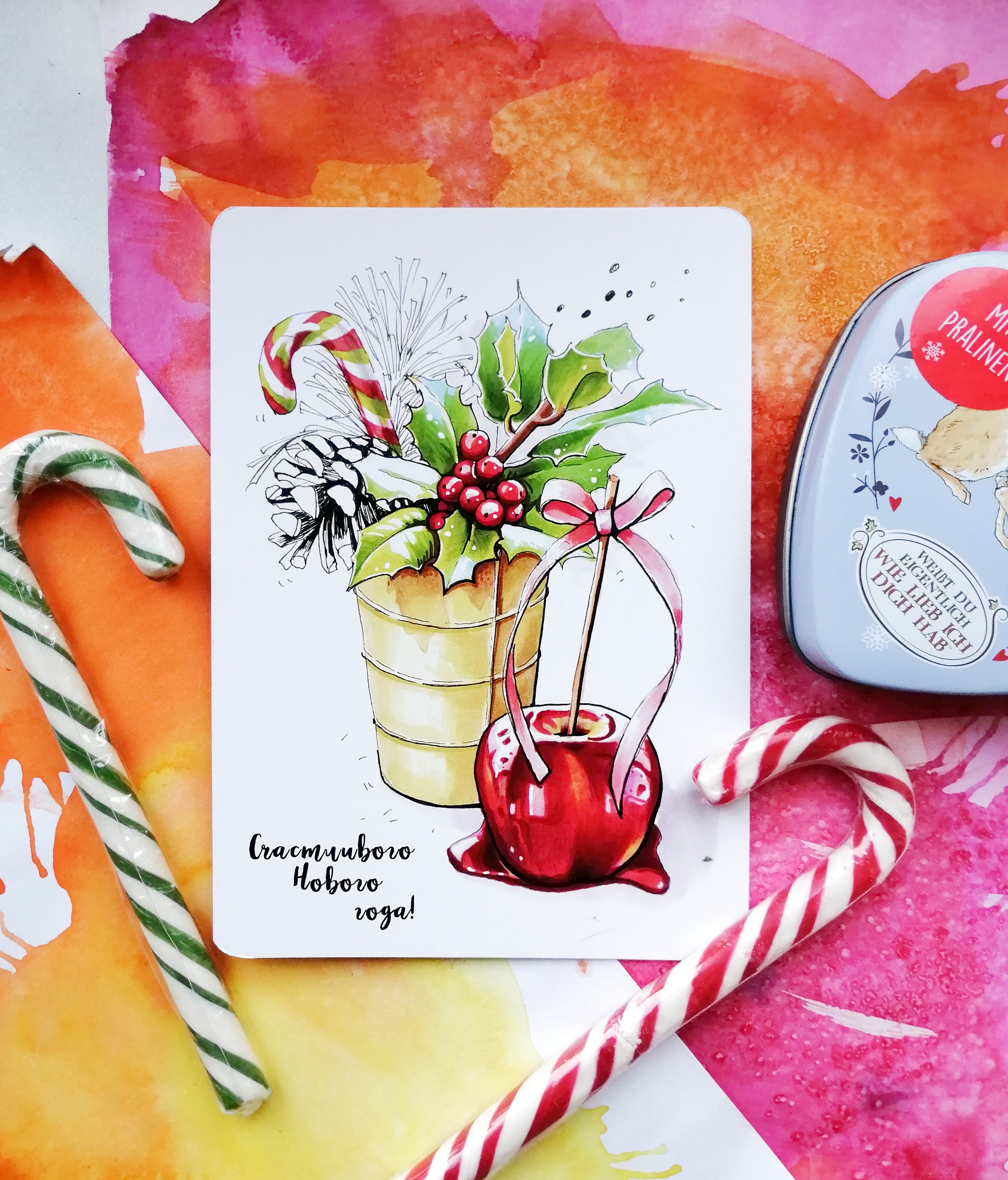 New Year cards-2 - My, New Year card, Apples, Sketch, Sketchbook, Alcohol markers, Liner, Holidays, Postcard