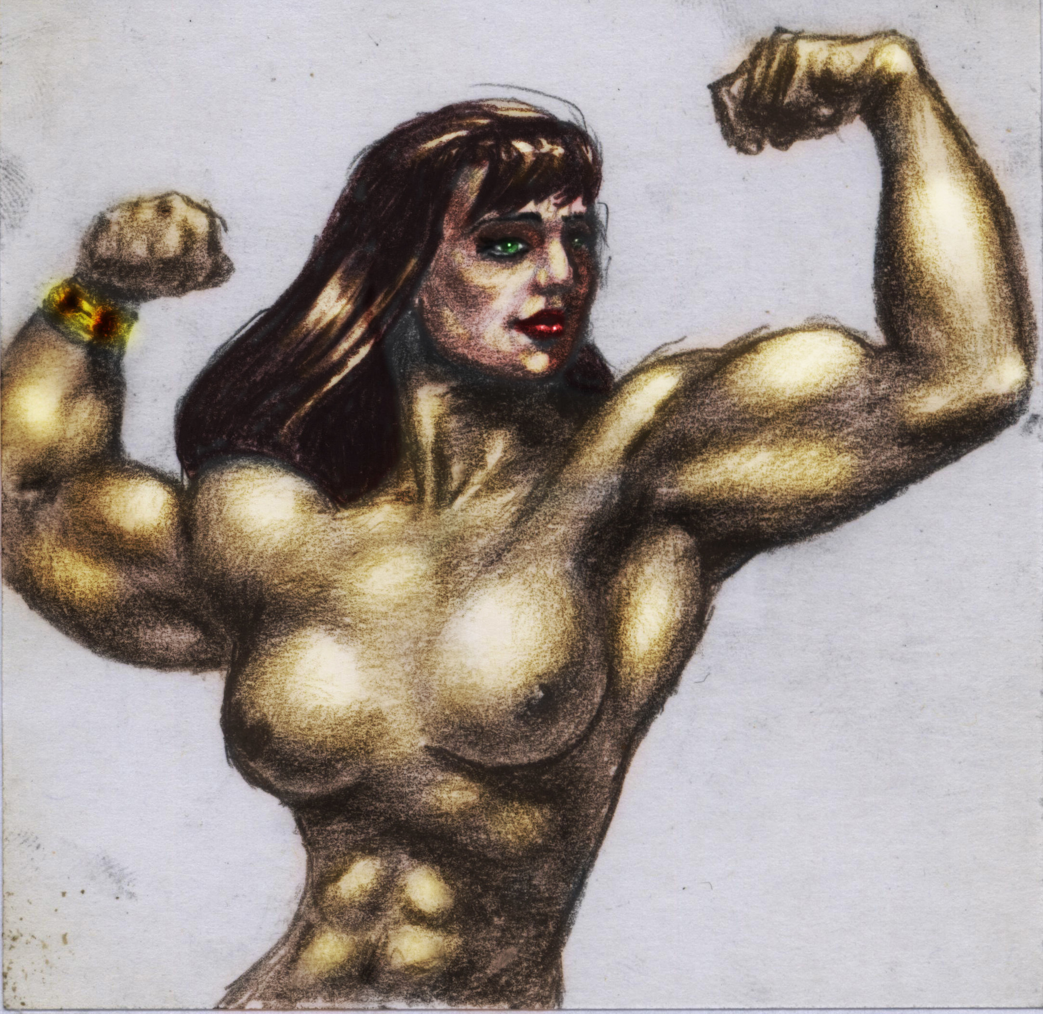 Drawings of powerful ladies. My drawings - NSFW, My, Art, Drawing, Girls, Bodybuilders, Women, Pencil, Mixed media, Longpost