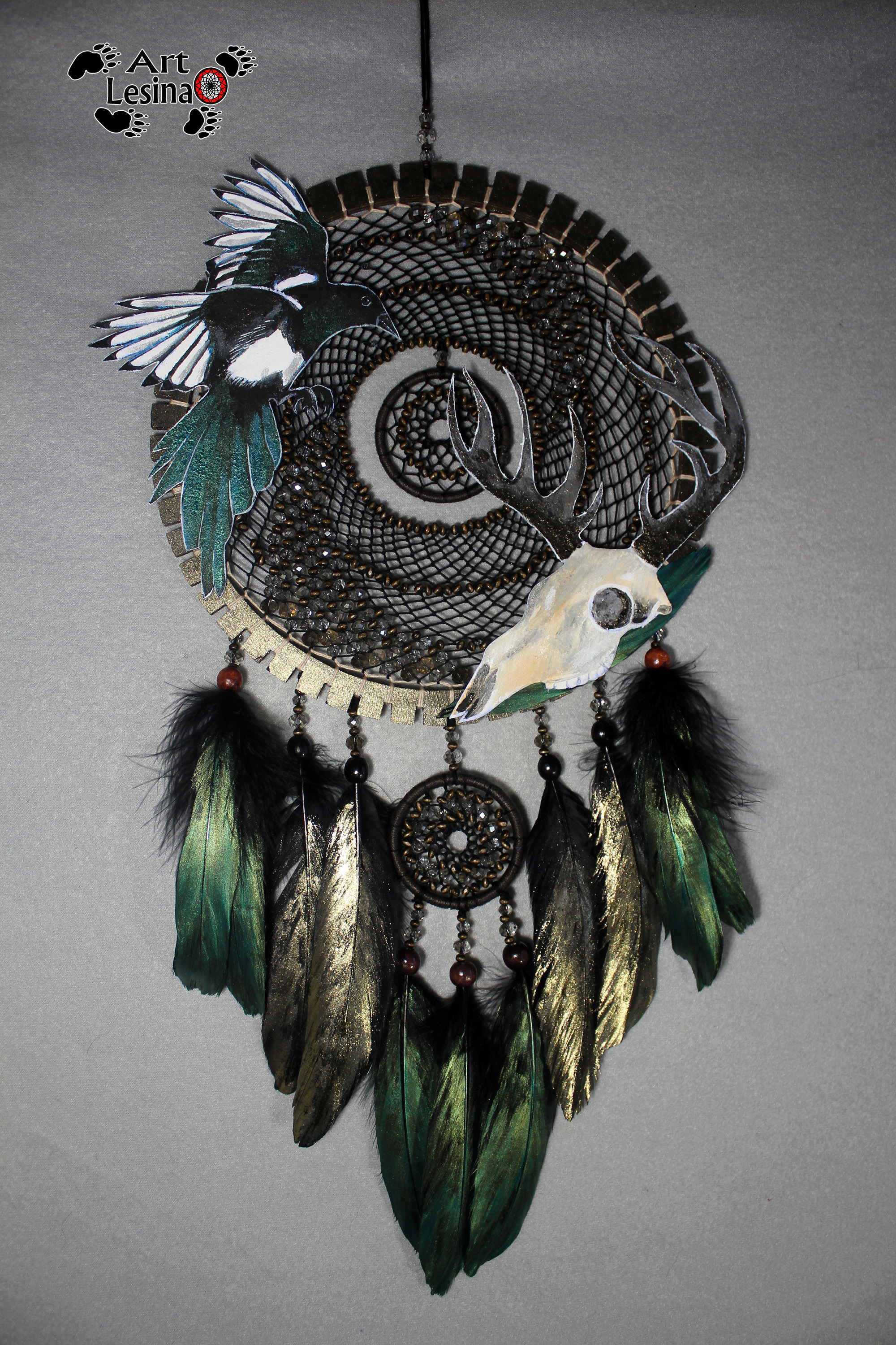 Dreamcatcher Magpie Tales, 48 cm - My, Dreamcatcher, Magpie, Birds, Scull, Amulet, Longpost, Needlework without process