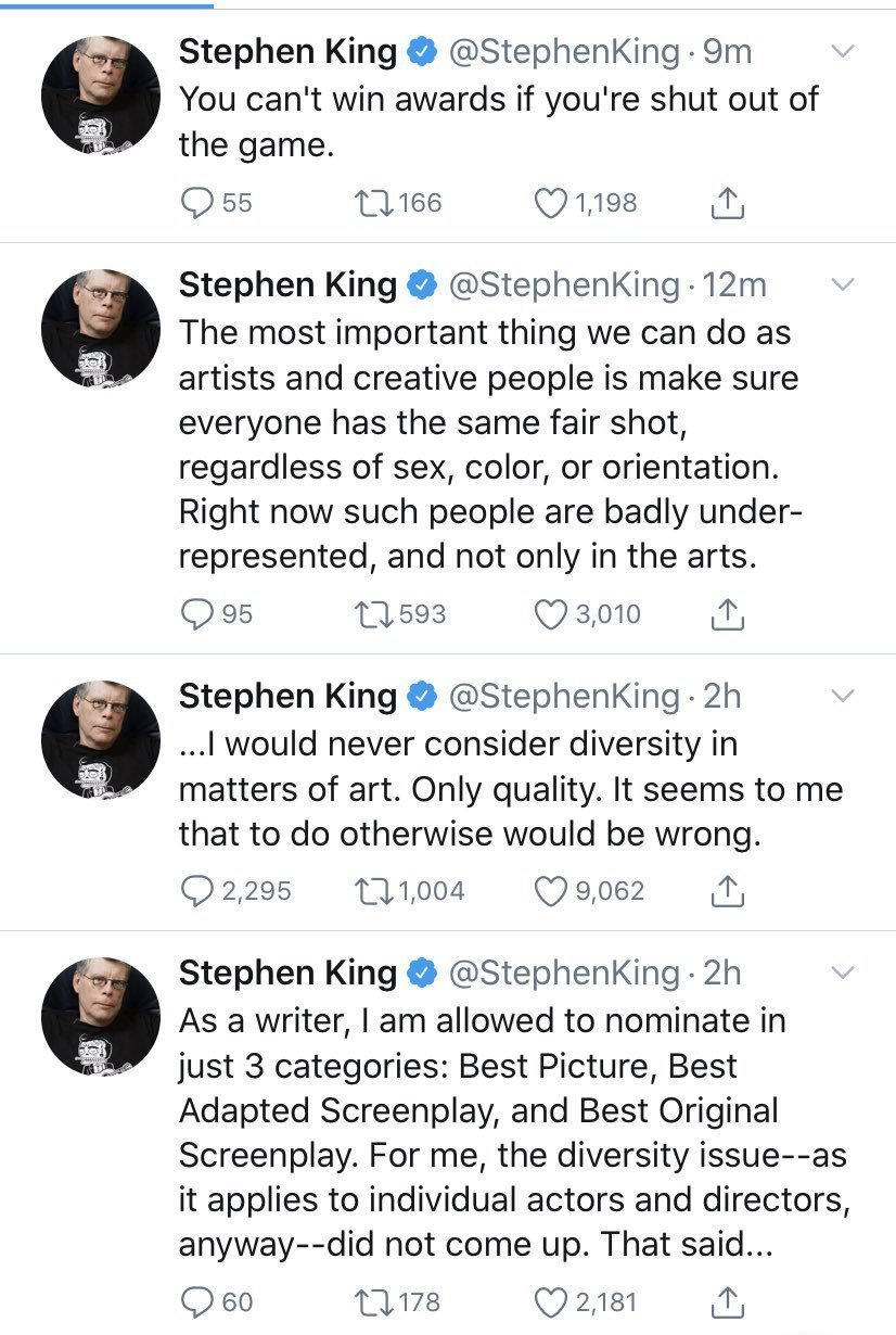 Stephen King on Oscars 2020: Quality must come first, then racial and gender diversity - Stephen King, Oscar, Twitter, Tolerance, Longpost