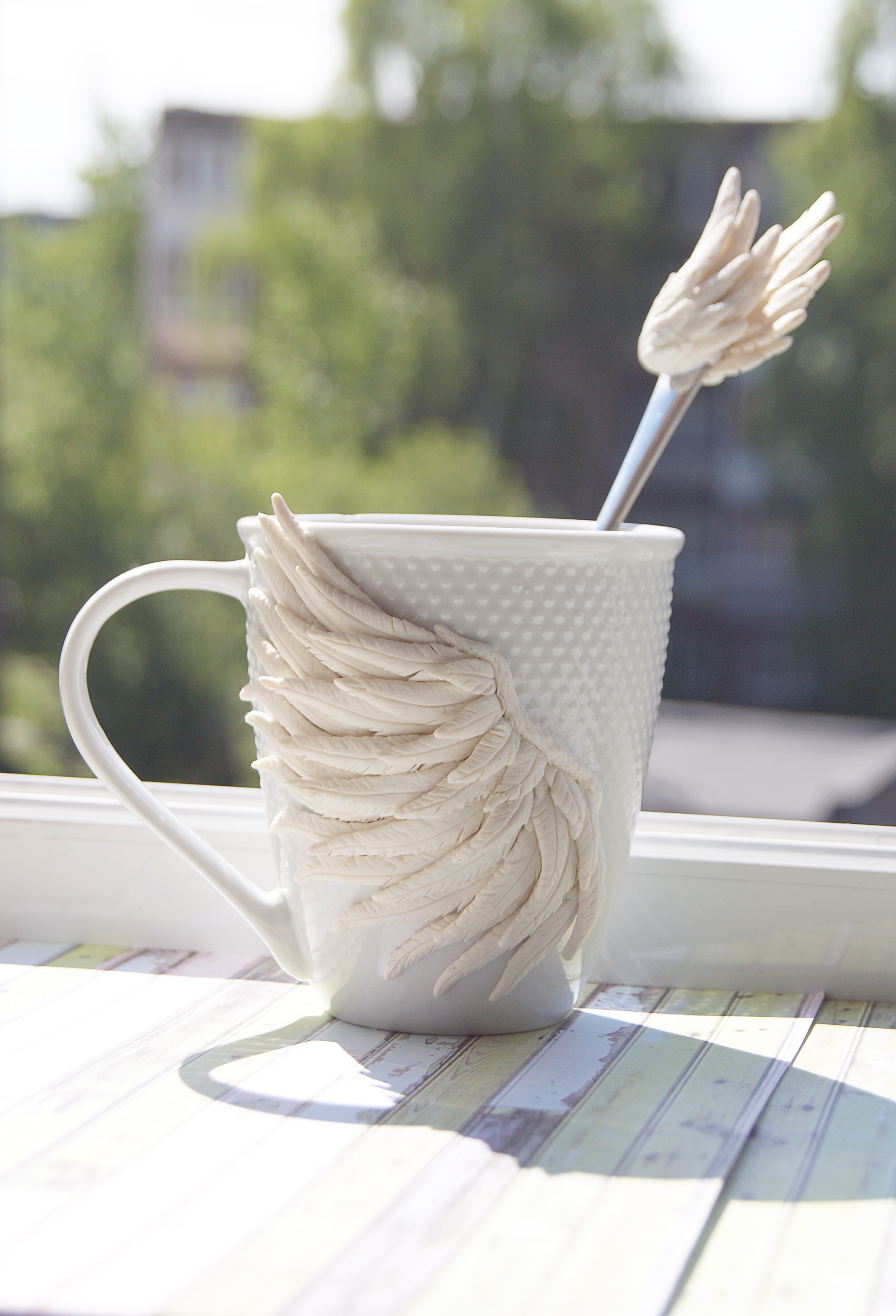 Winged mug - My, Mug with decor, Coffee, Wings, Polymer clay, Angel Wings, Handmade, Longpost