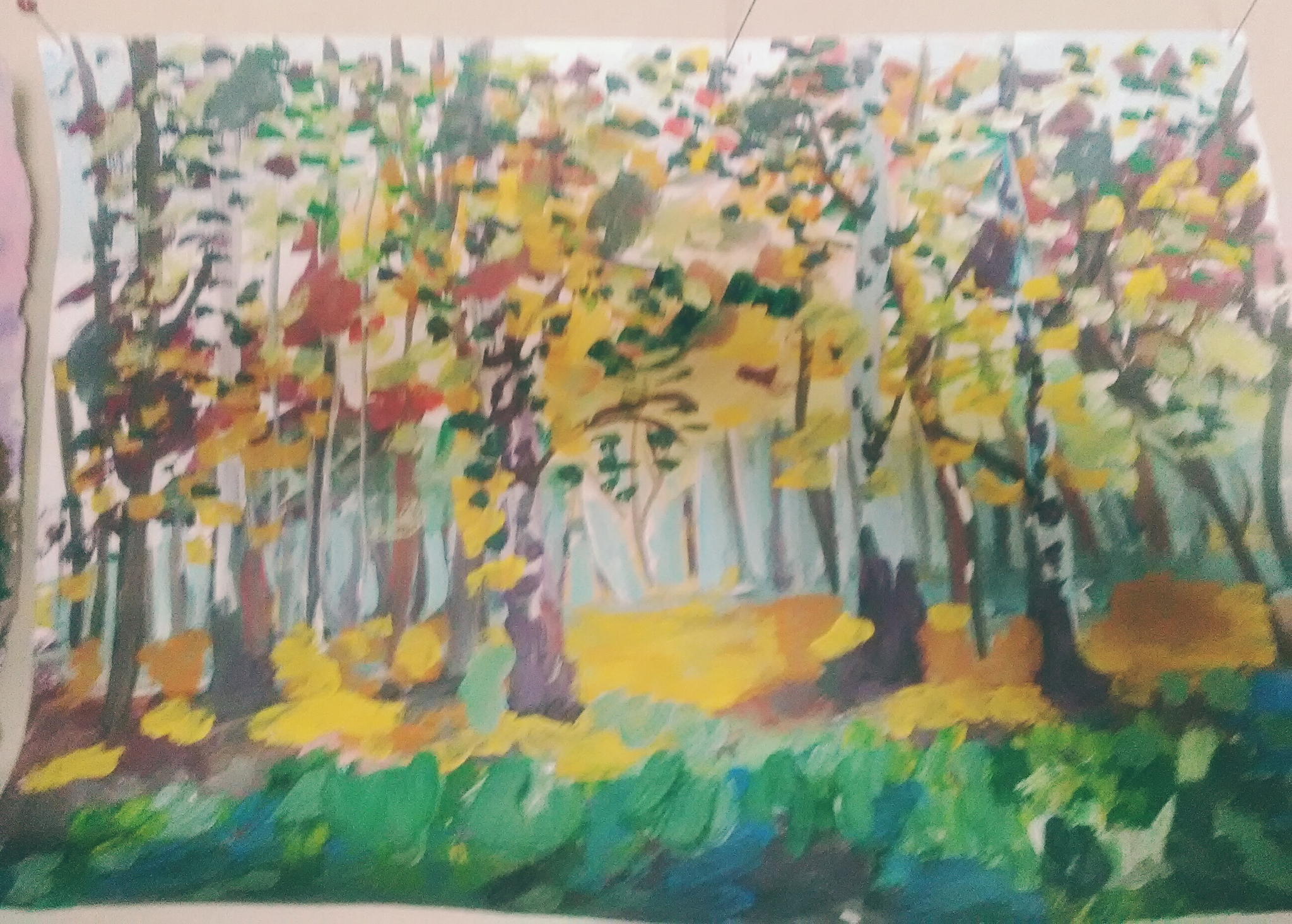 Autumn birch forest (paper, gouache) - My, Art, Drawing, Paper, Gouache