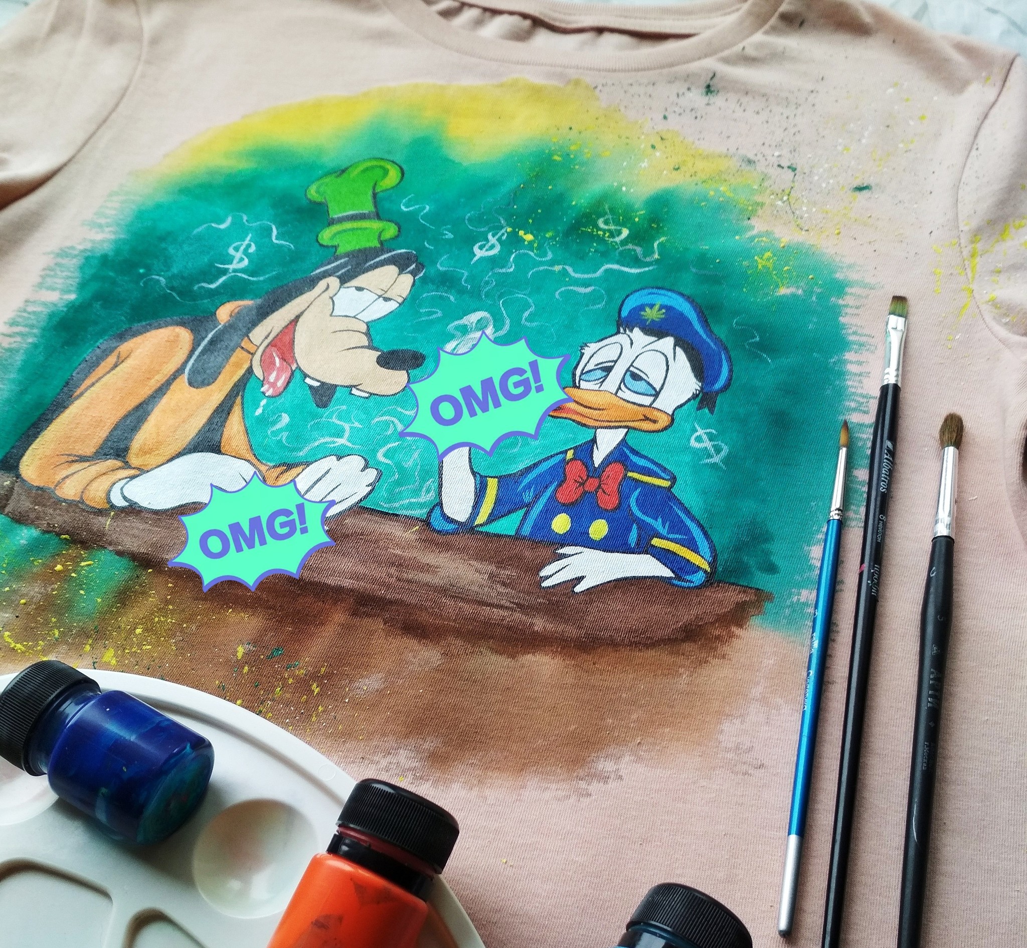 Hand-painted T-shirt. Goofy and Donald Duck - My, Creation, Goofy, Donald Duck, Painting on fabric, T-shirt, Longpost, Walt disney company, Painting, Acrylic