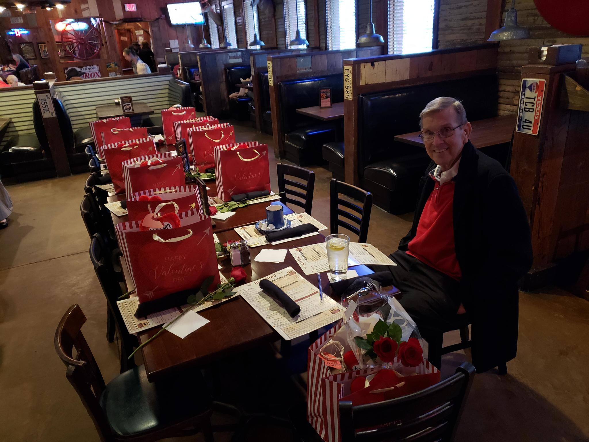 For several years on Valentine's Day, he invites widows from a nursing home to a restaurant, treats them to dinner, gives gifts and roses - February 14 - Valentine's Day, Men, Nursing home, Women, A restaurant, Dinner, Presents, From the network