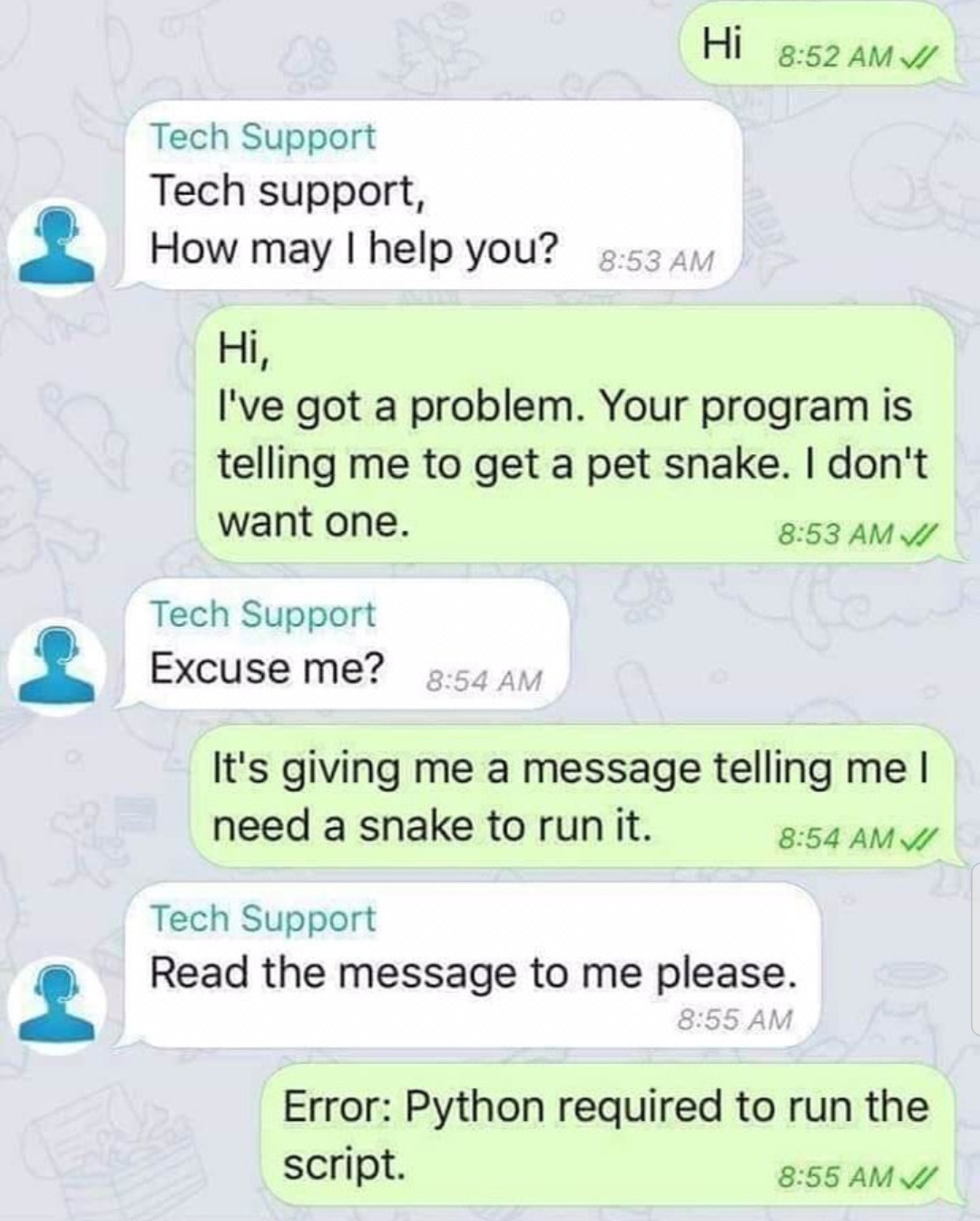 Conversation with technical support - Python, Support service, IT humor, Correspondence, Screenshot