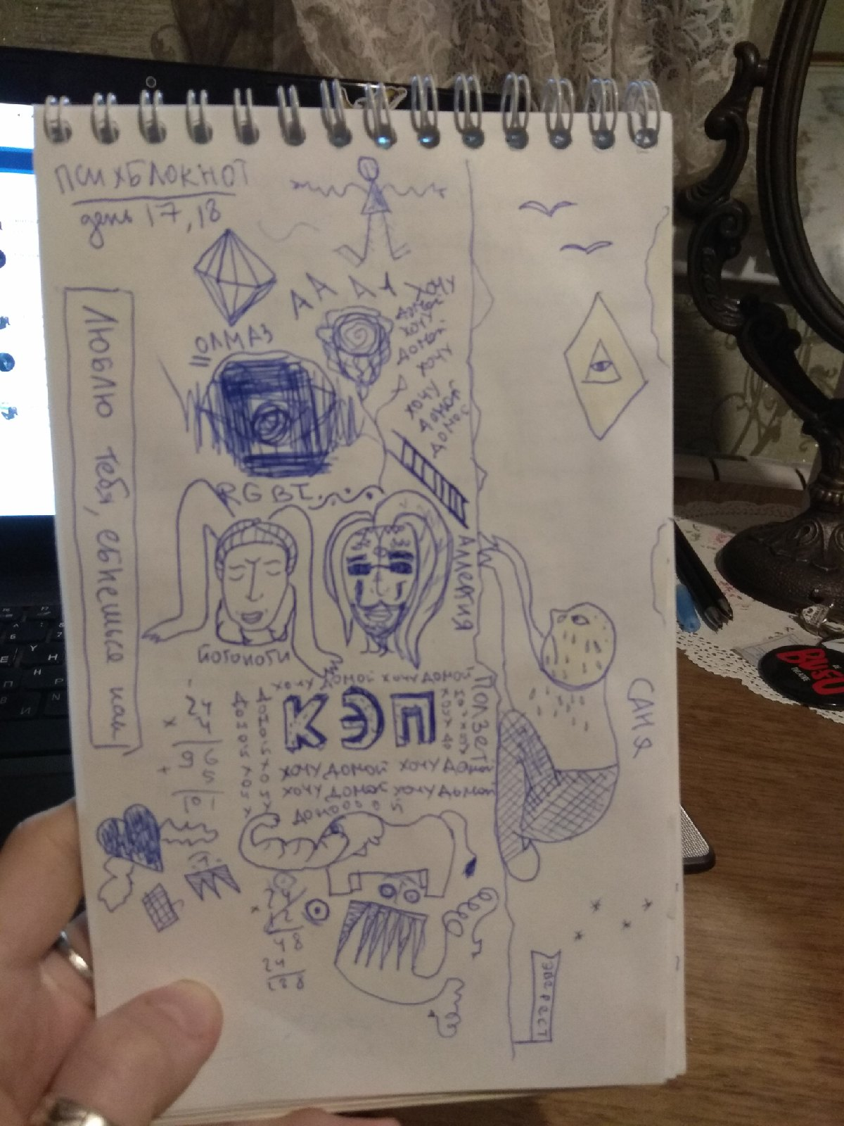 Psychic notebook - My, Mental hospital, Boredom, Pen drawing, Longpost