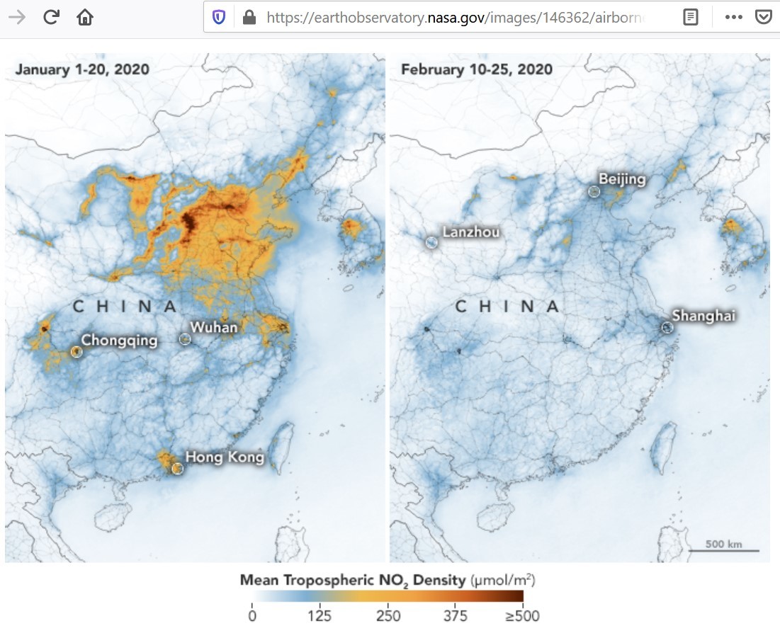 Эпидемия коронавируса резко снизила загрязнение воздуха в Китае — NASA - Китай, Коронавирус, NASA, Экология