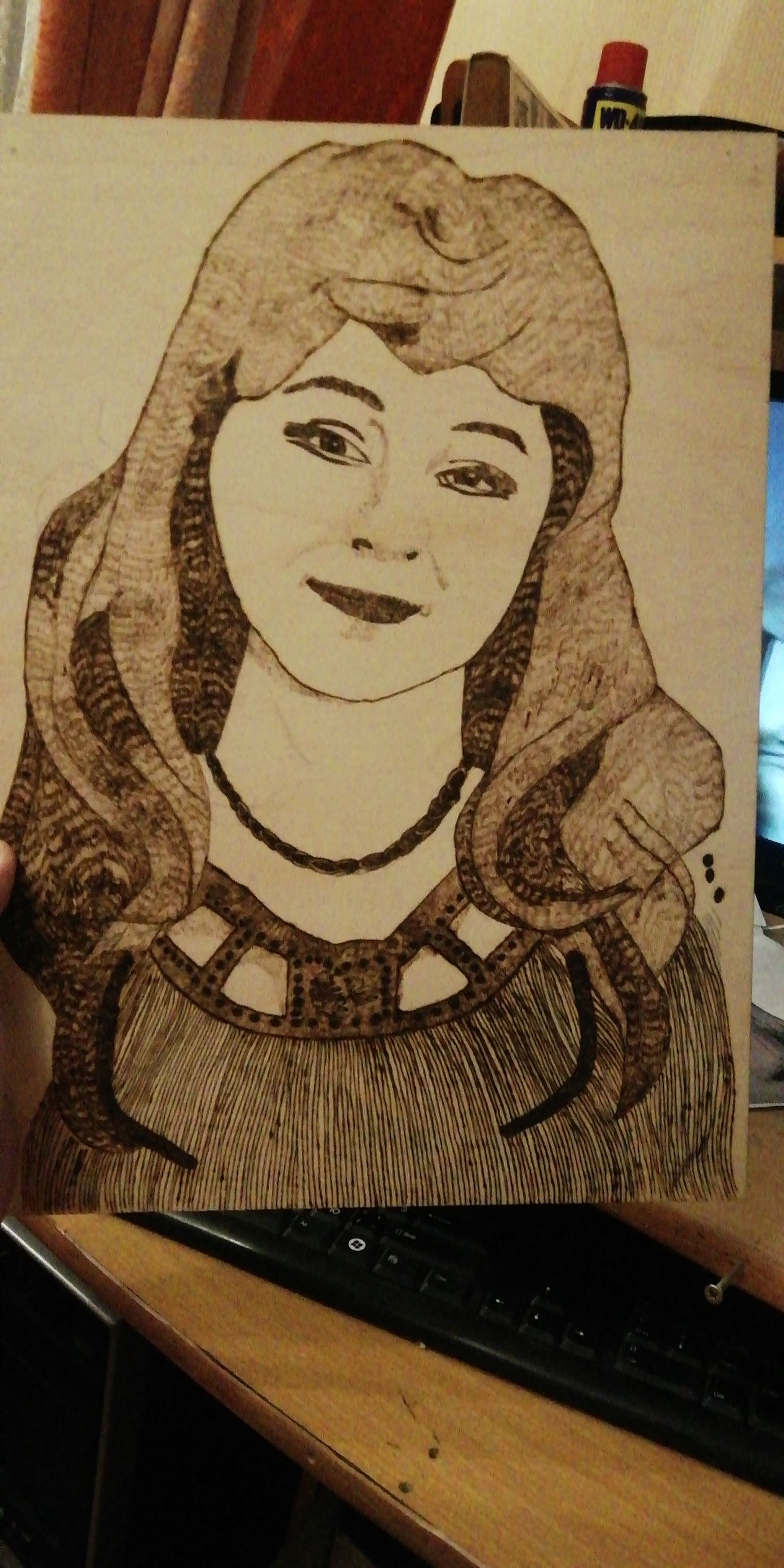 Dusting off a long-forgotten hobby (pyrography) - My, Pyrography, Presents, Scorcher, Portrait, Longpost