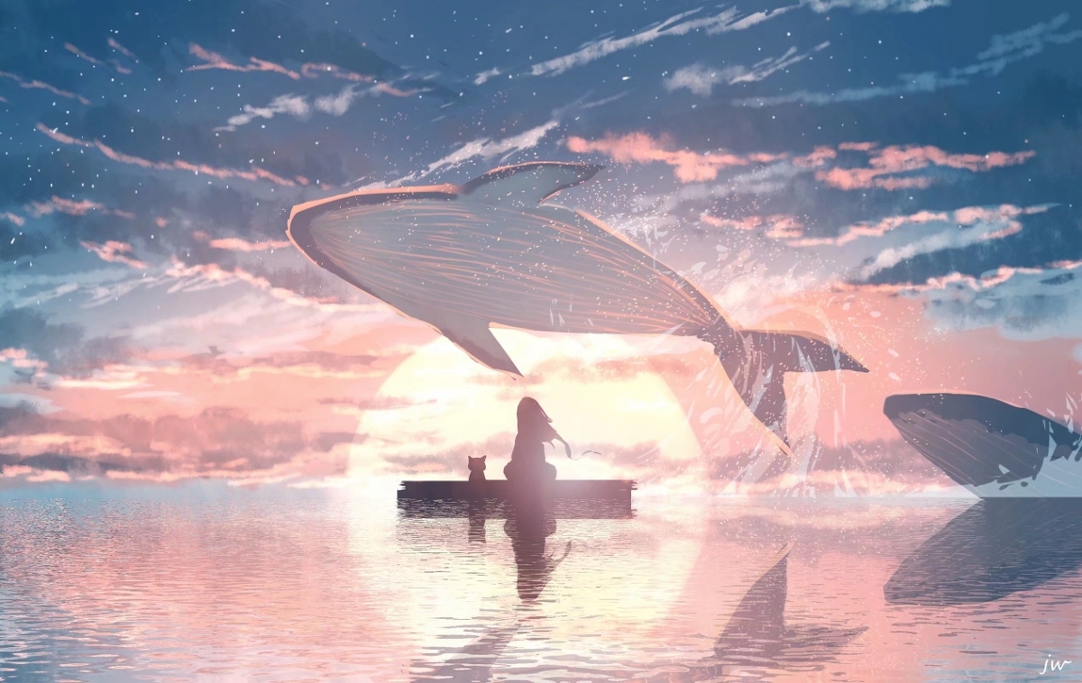 Sunset - Art, Drawing, Sunset, Sky, Sea, Whale, Blue whale, Pixiv, Huashijw