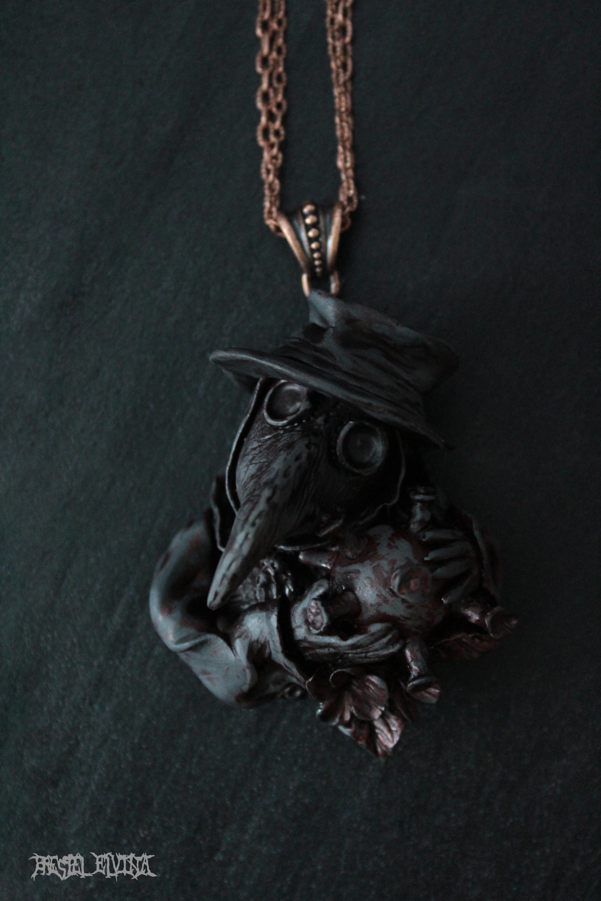 Plague doctor and virus. Polymer clay pendant - My, Polymer clay, Plague Doctor, Virus, Pendant, Longpost, Needlework without process