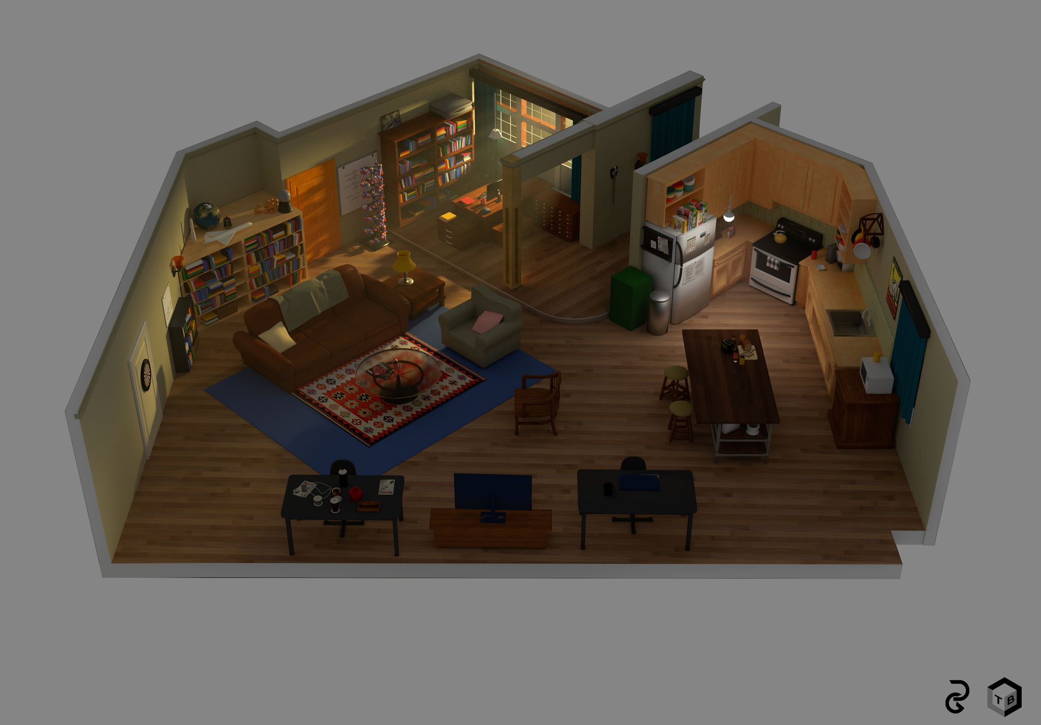 Bugagashenka. 3D model of Sheldon Lee Cooper's apartment - My, 3D graphics, 3D modeling, Теория большого взрыва, Bugagashenka, Interesting, Interior, Serials, Games, Longpost