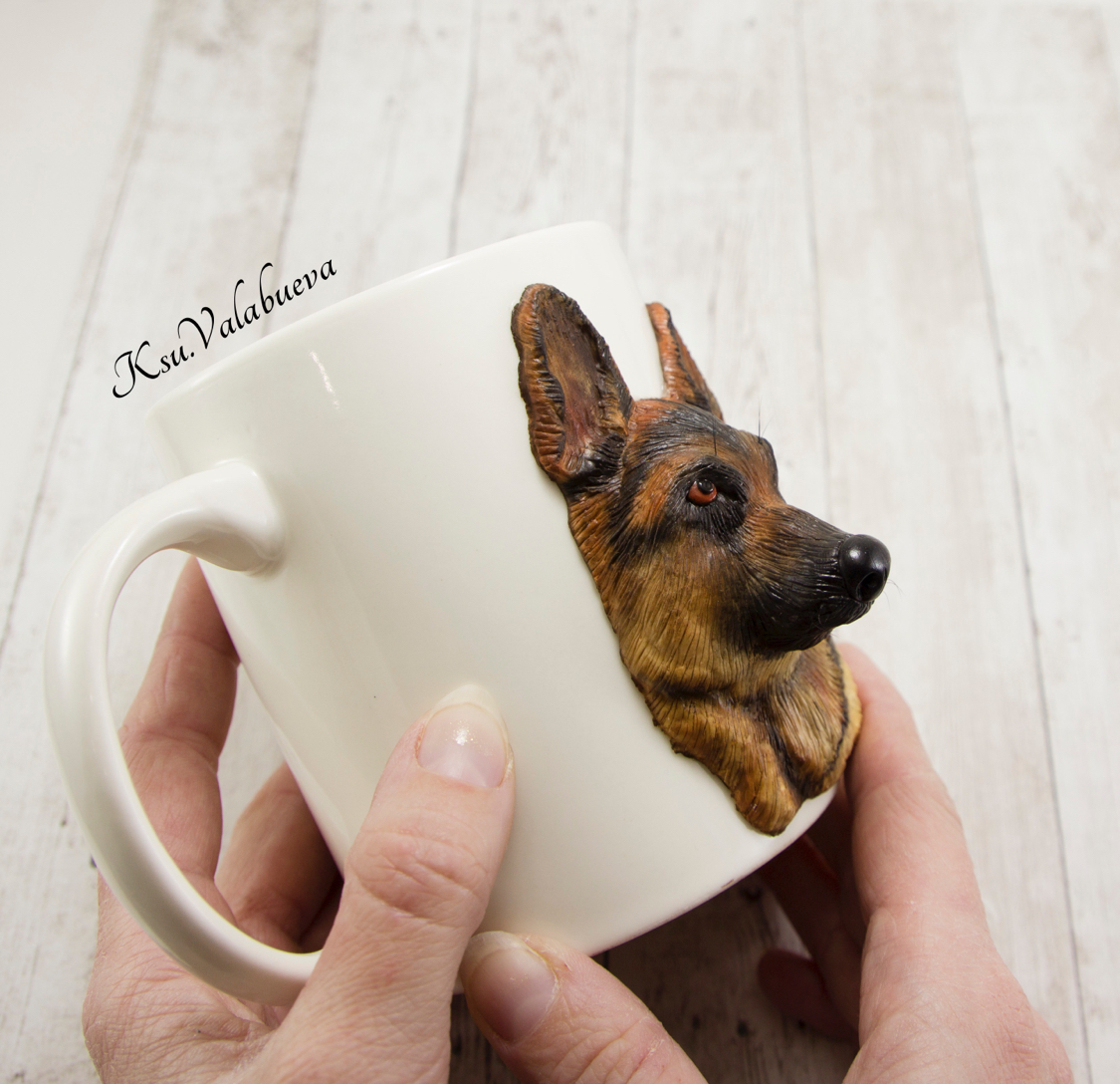 My first dog on the mug - My, Polymer clay, German Shepherd, Mug with decor, Dog, Handmade, Needlework with process, Longpost