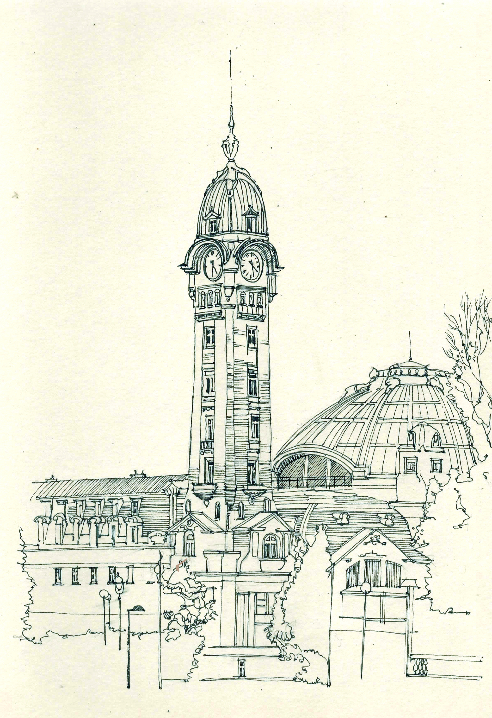 Drawing of the building (Limoges station) - My, Pen drawing, Town, Limoges, Railway station