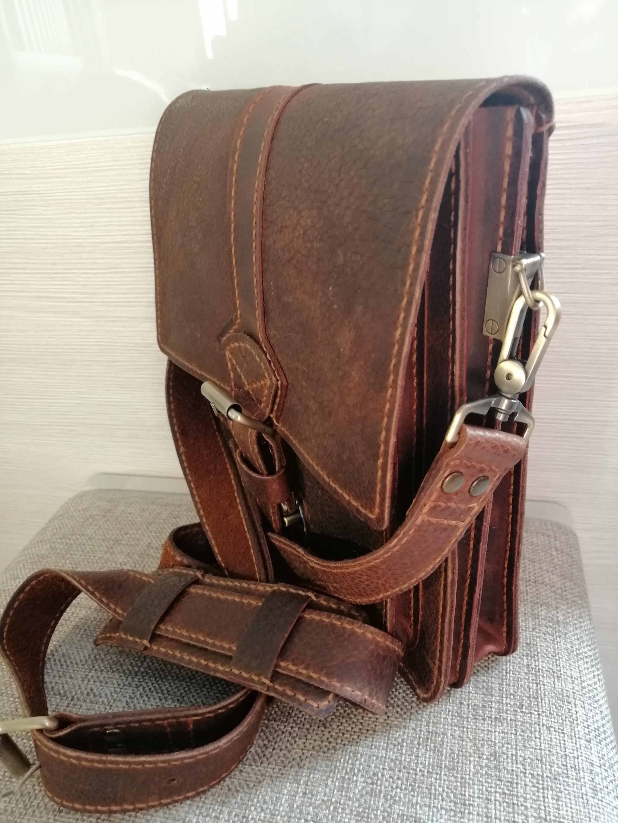 Men's bag, handmade, bison leather, crazy horse leather inserts - My, Handmade, Natural leather, Сумка, Longpost, Needlework with process