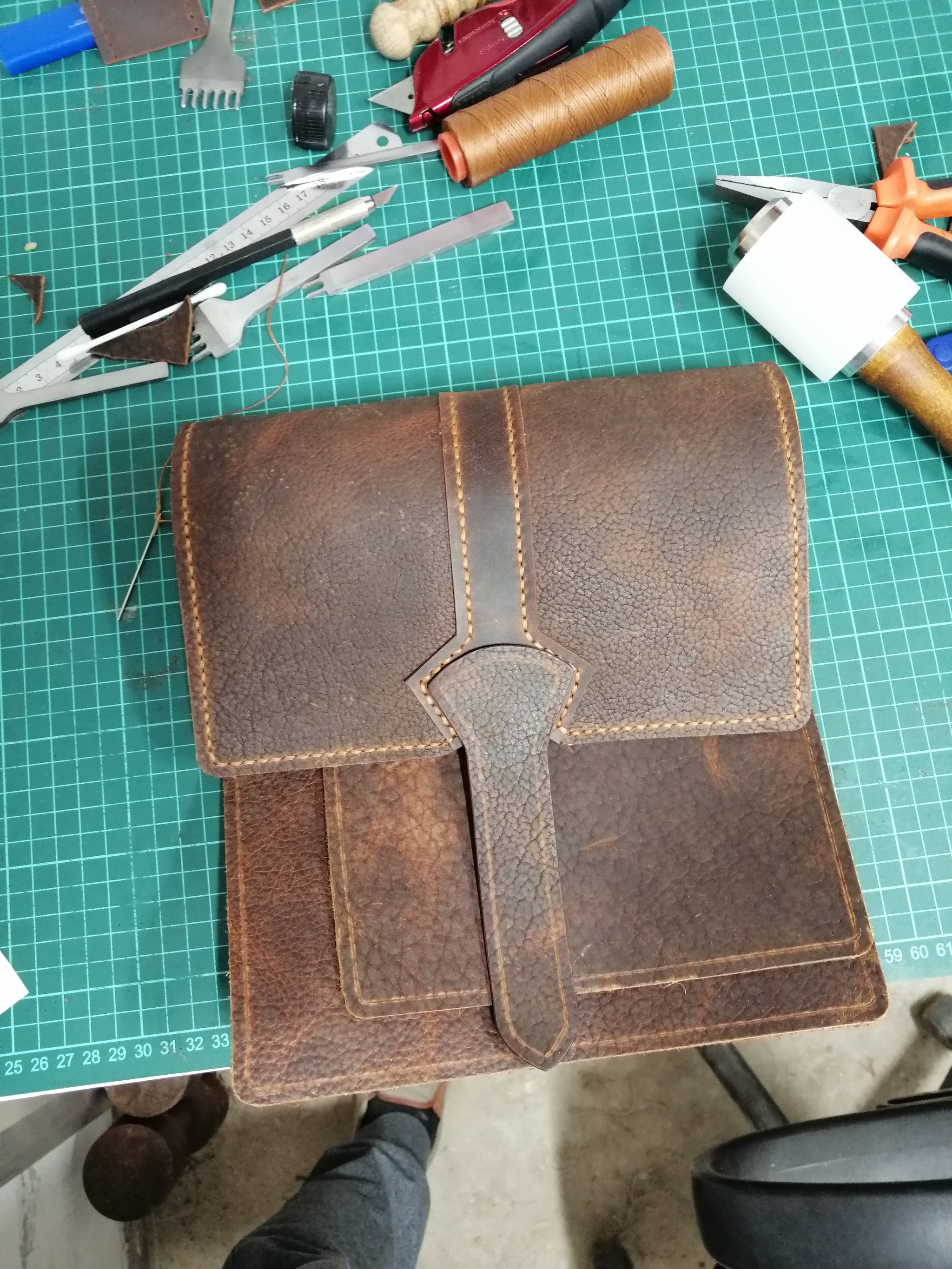 Men's bag, handmade, bison leather, crazy horse leather inserts - My, Handmade, Natural leather, Сумка, Longpost, Needlework with process