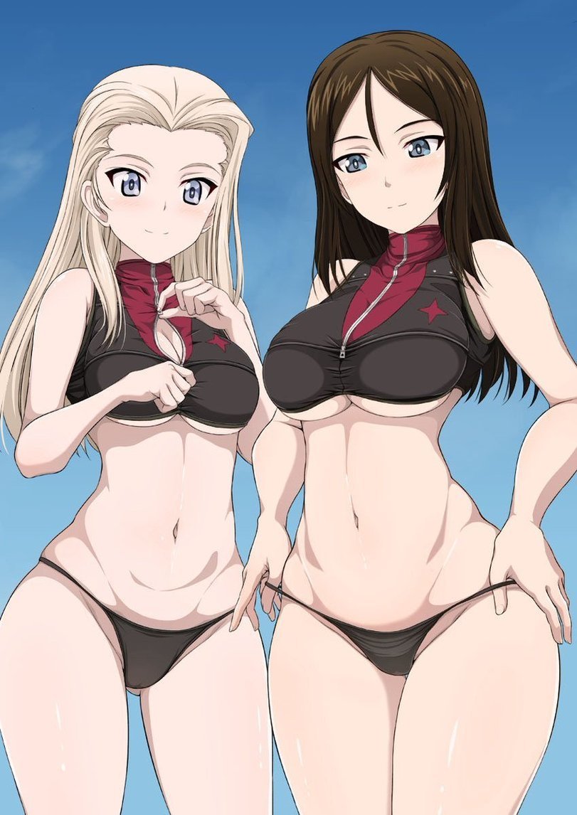 Nonna and Clara (artist: Inoshira) - NSFW, Girls und panzer, Anime, Anime art, Nonna, Clara, Etty, Longpost, Swimsuit, Booty