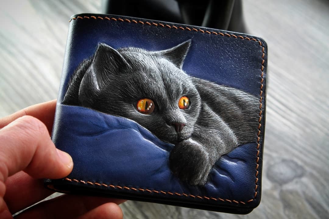 Leather wallet with Cat and Mouse embossing - My, Embossing on leather, Wallet, cat, Longpost, Needlework with process, Carving