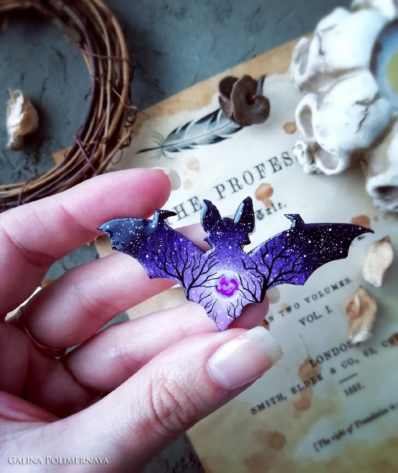 Mouse - My, Bat, Brooch, Painting, Needlework without process, Handmade, Acrylic, Night, Longpost