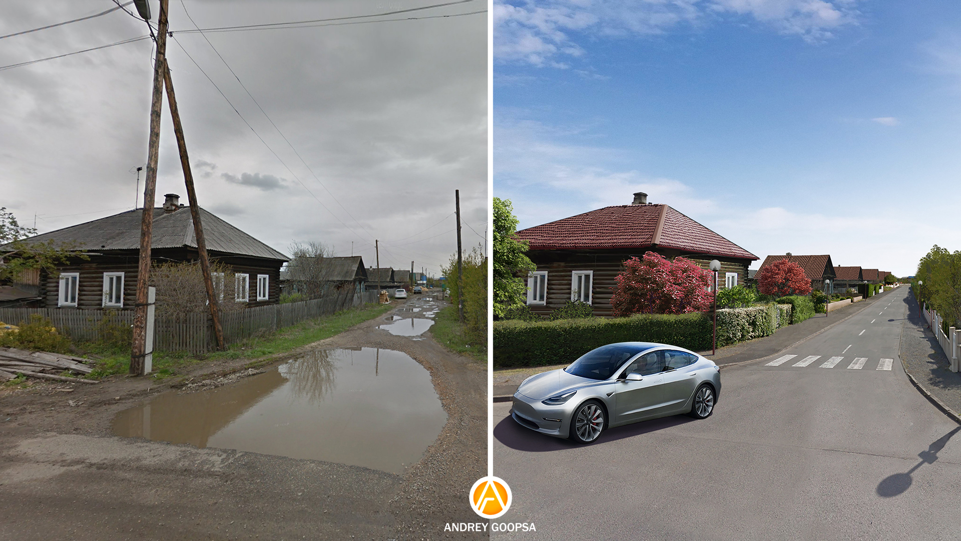 Post-USSR Villages: Before and After Processing in Photoshop - My, Russia, the USSR, Photoshop, Architecture, Village, Art, Electric car, Tesla, Video, Longpost