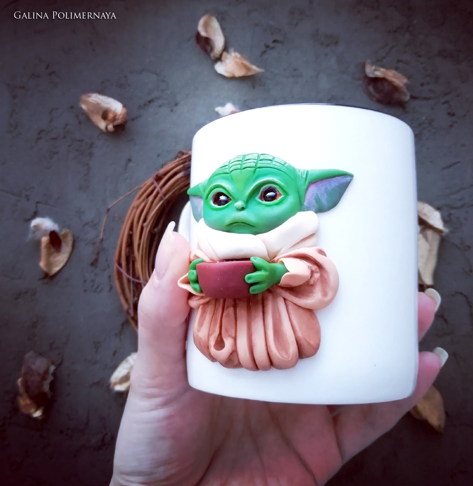 Baby Yoda on a mug - My, Mandalorian, Кружки, Needlework without process, Handmade, Polymer clay, Лепка, Longpost, Grogu, Mug with decor