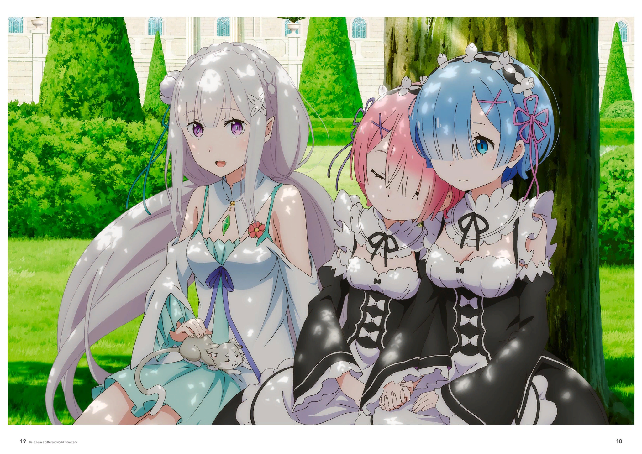 Relaxing day - Re: Zero Kara, Rem (Re: Zero Kara), Ram (Re: Zero Kara), Emilia, Puck, Anime art, Anime