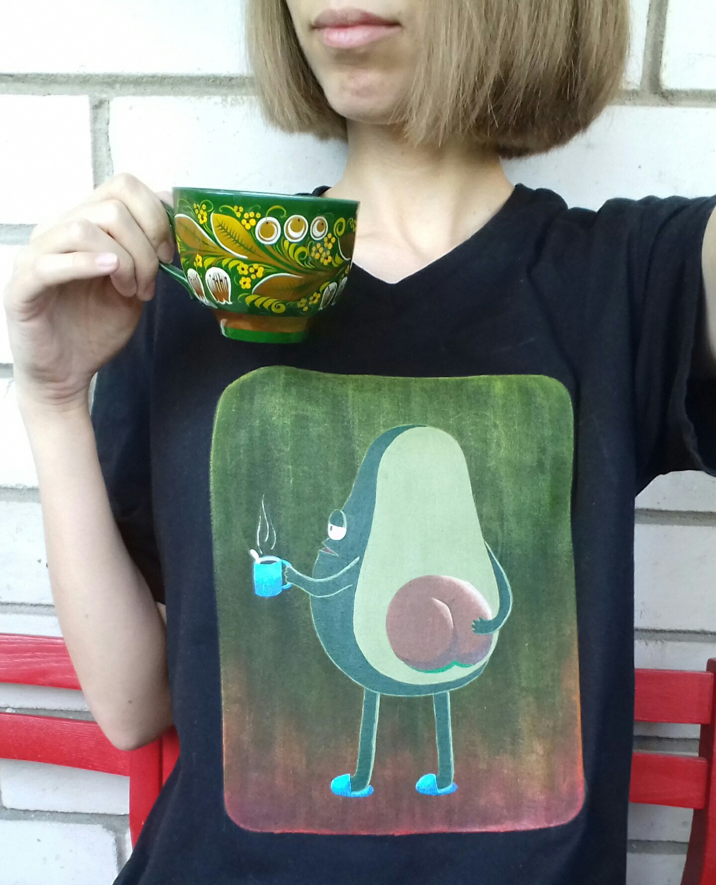 Morning Mister Avocado - My, Needlework with process, Painting on fabric, T-shirt, Avocado, Slippers, A cup, Longpost