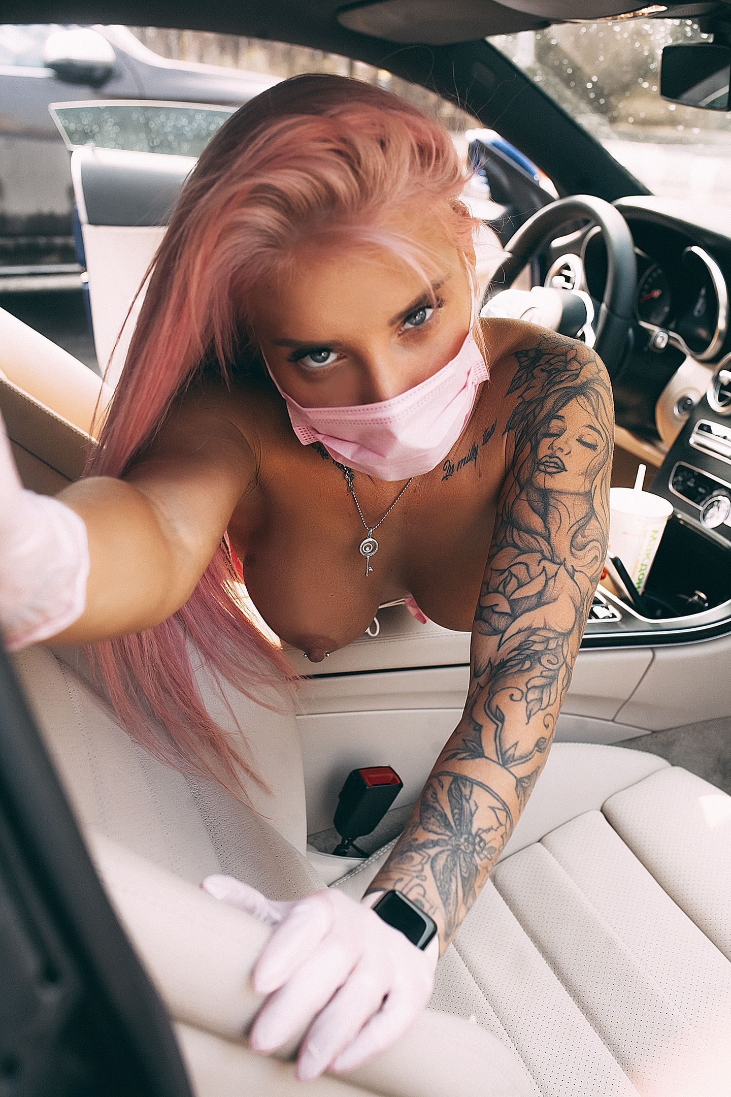 Masked - NSFW, Beautiful girl, Eyes, Car, Mask, Bikini, Longpost