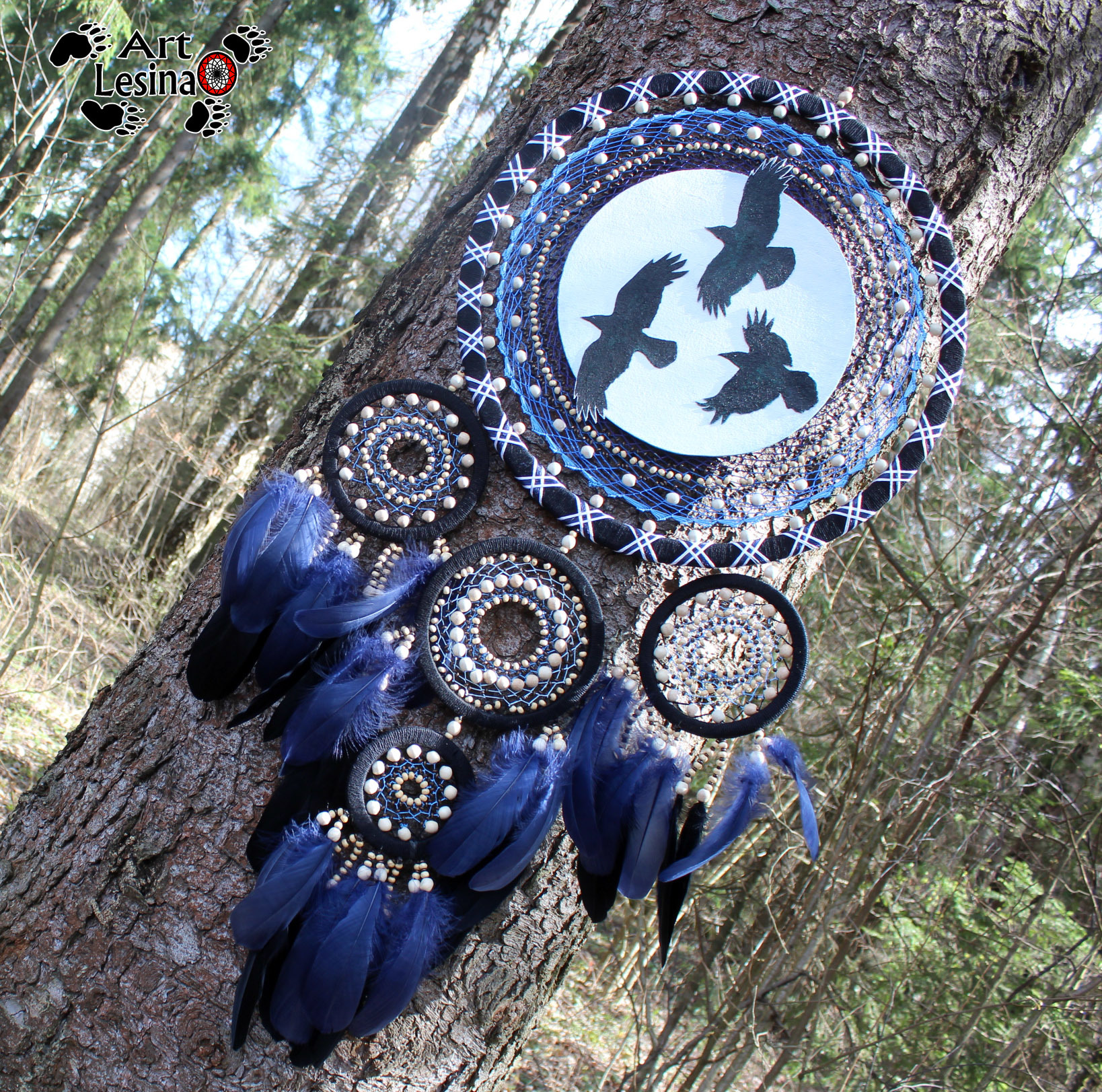 New dream catcher with birds - My, Dreamcatcher, Needlework without process, Needlework, Crow, Birds, Longpost