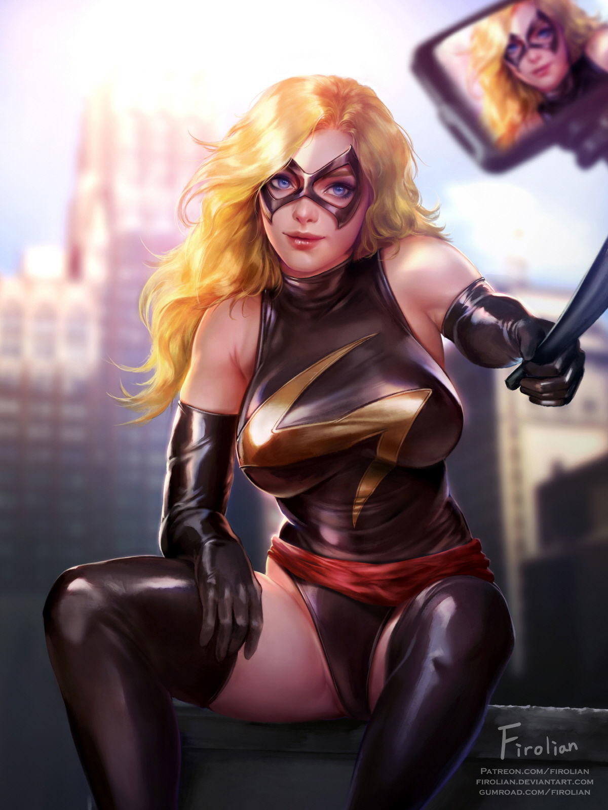 Ms. Marvel Selfie - NSFW, Art, Marvel, Ms. Marvel, Carol Danvers, Girls, Erotic, Latex, Firolian