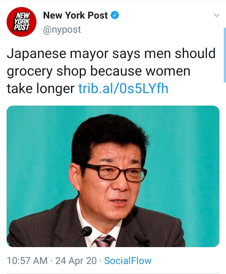 The Japanese mayor said that men should go shopping because it takes women more time. - Mayor, Japan, Score, Men, Women, Screenshot