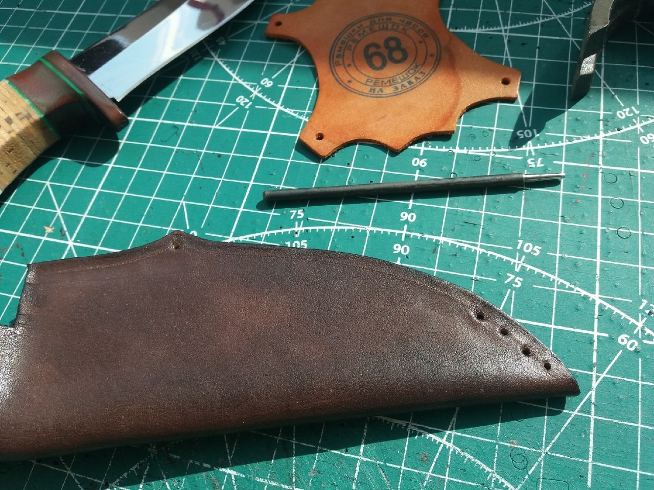 Knife sheath. My first - My, Needlework with process, Longpost, Leather products, Sheath