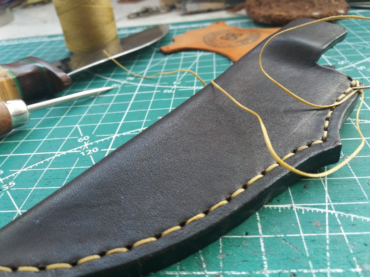 Knife sheath. My first - My, Needlework with process, Longpost, Leather products, Sheath