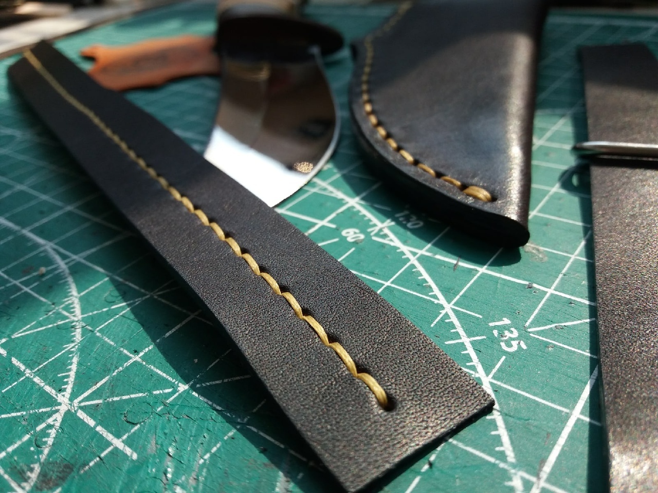 Knife sheath. My first - My, Needlework with process, Longpost, Leather products, Sheath