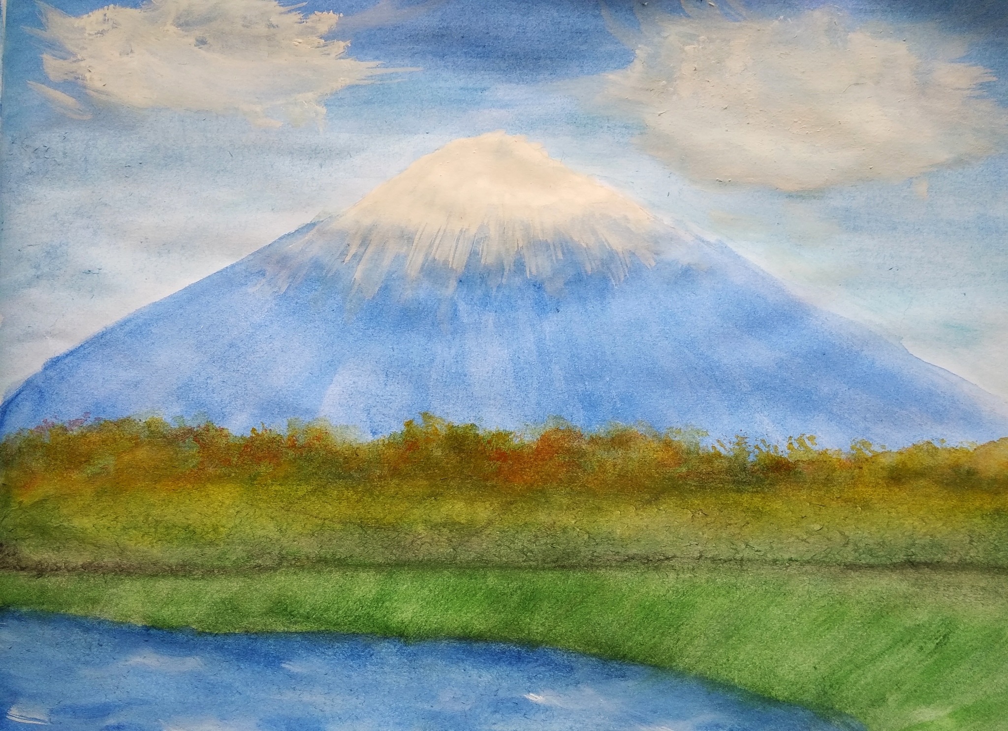 My fifth regular drawing - My, Art, Creation, Drawing, Watercolor, The mountains, Pond