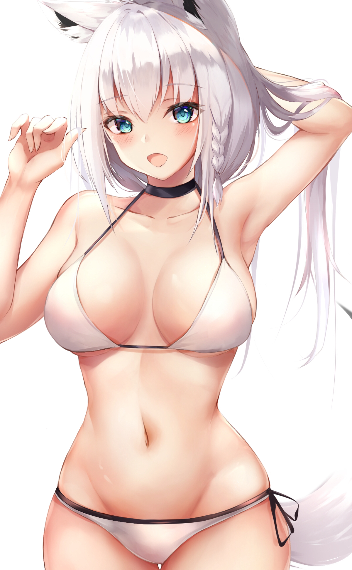 Anime Art - NSFW, Anime, Anime art, Virtual youtuber, Not anime, Shirakami fubuki, Animal ears, Swimsuit, Breast