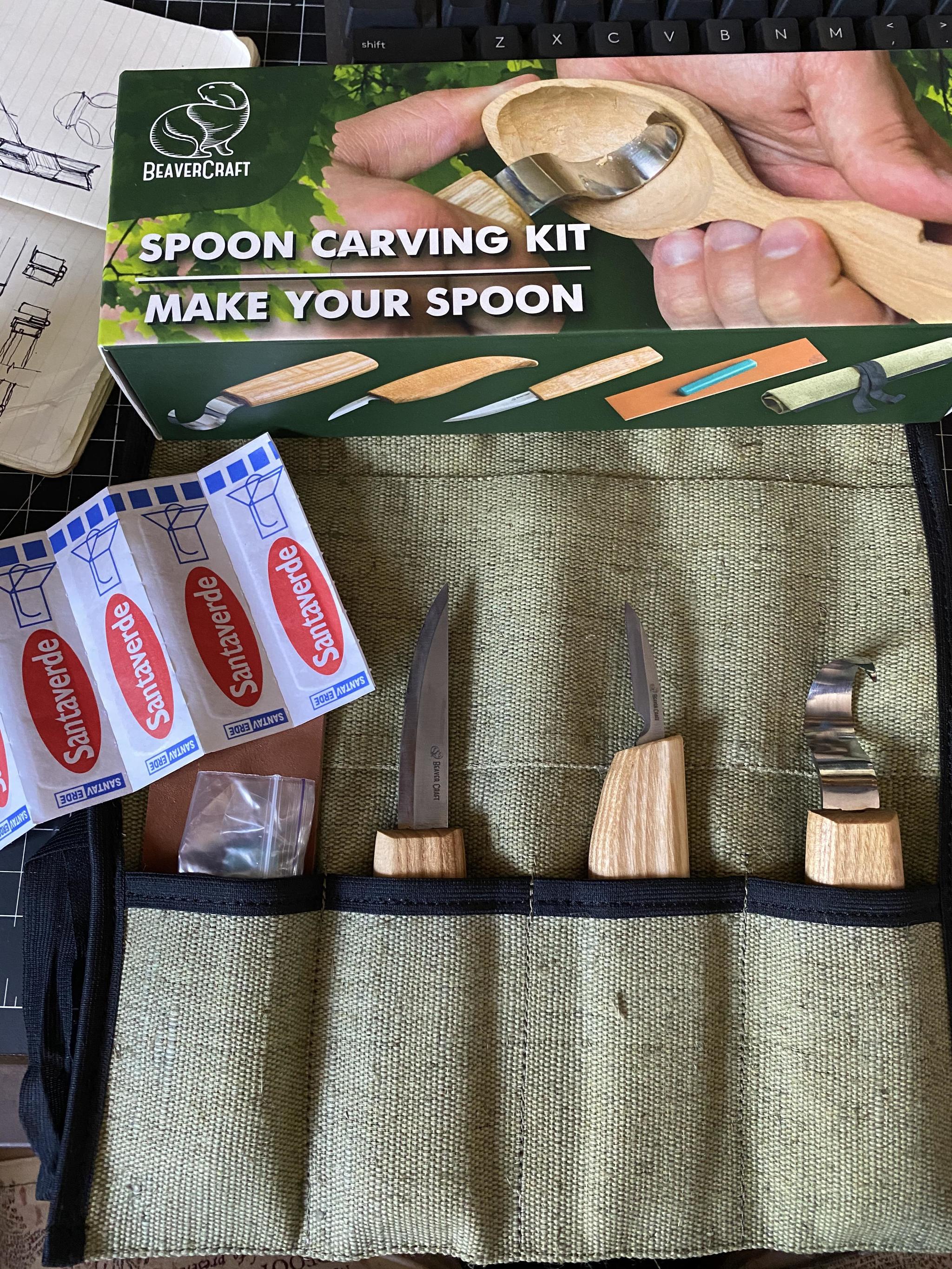 Wooden spoon cutting kit, supplied with adhesive tape inside - A spoon, Knife, Patch, Care, Customer focus