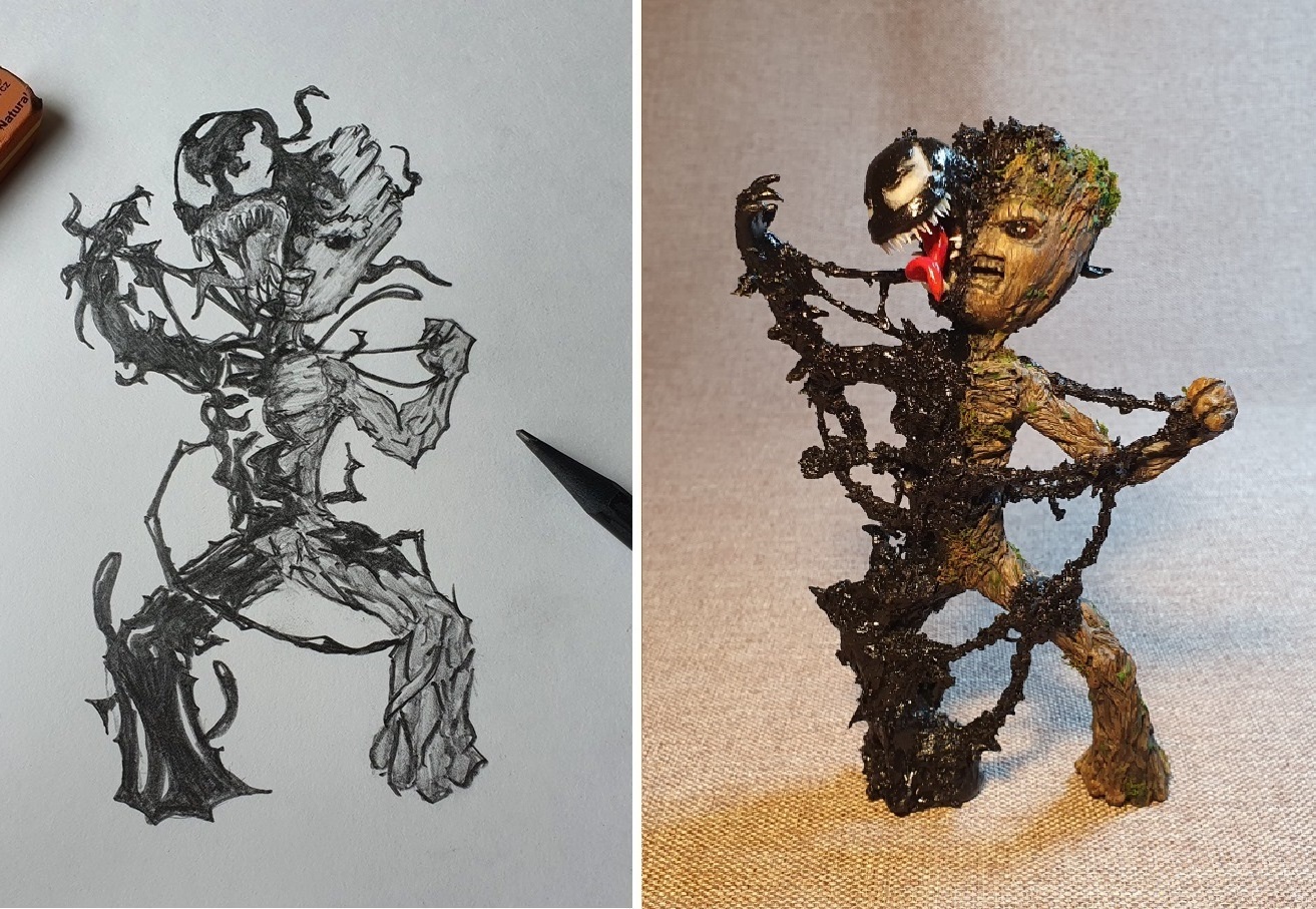 Venom vs Grootenok, or 2D to 3D, or Venogrut sculpting. Schizophrenic story with pictures. Part 3 Final - My, Groot, Venom, Needlework with process, Guardians of the Galaxy Vol. 2, Longpost