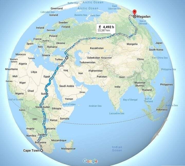 The longest walking route on Google is from Cape Town to Magadan - Route, On foot, Cape Town, Magadan, Google