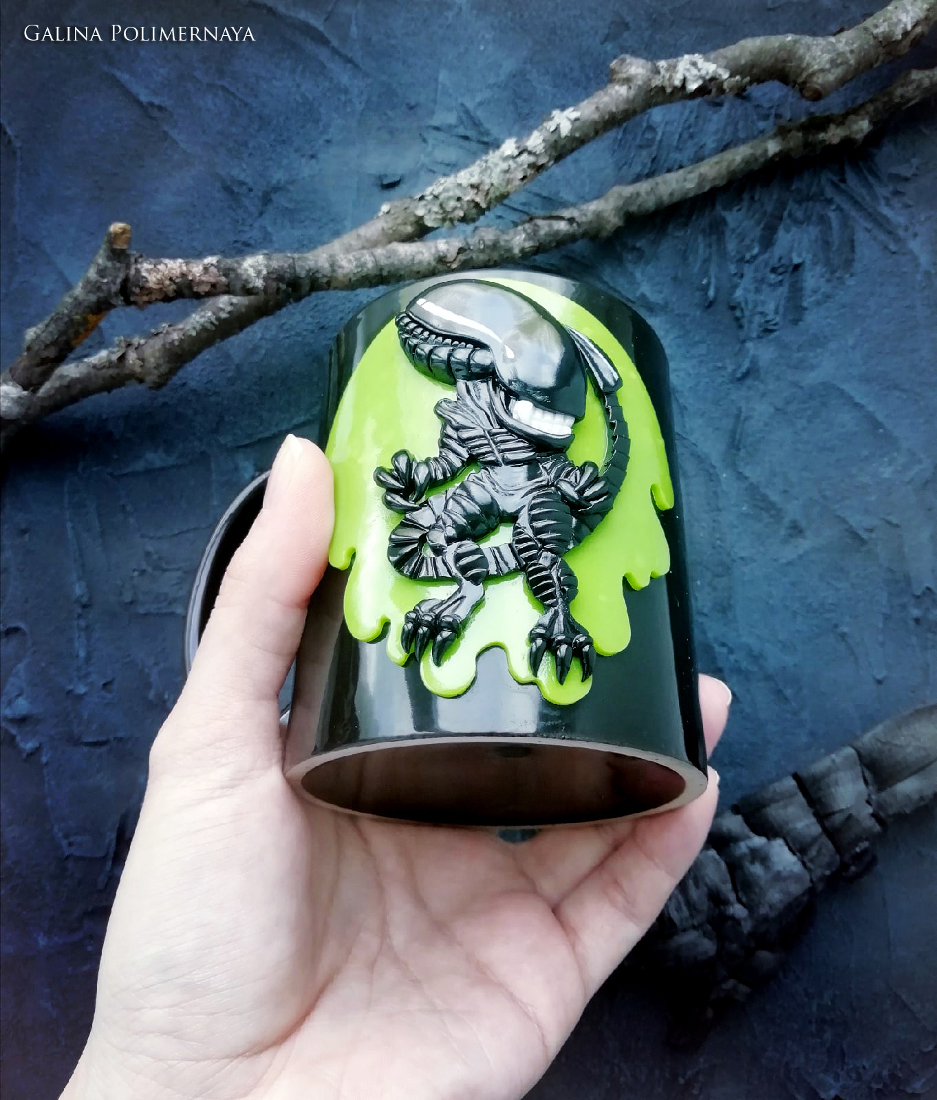 Mug with Chibi Xenomorph ^_^ - My, Xenomorph, Stranger, Alien movie, Кружки, Needlework without process, Handmade, Polymer clay, Лепка, Longpost, Mug with decor