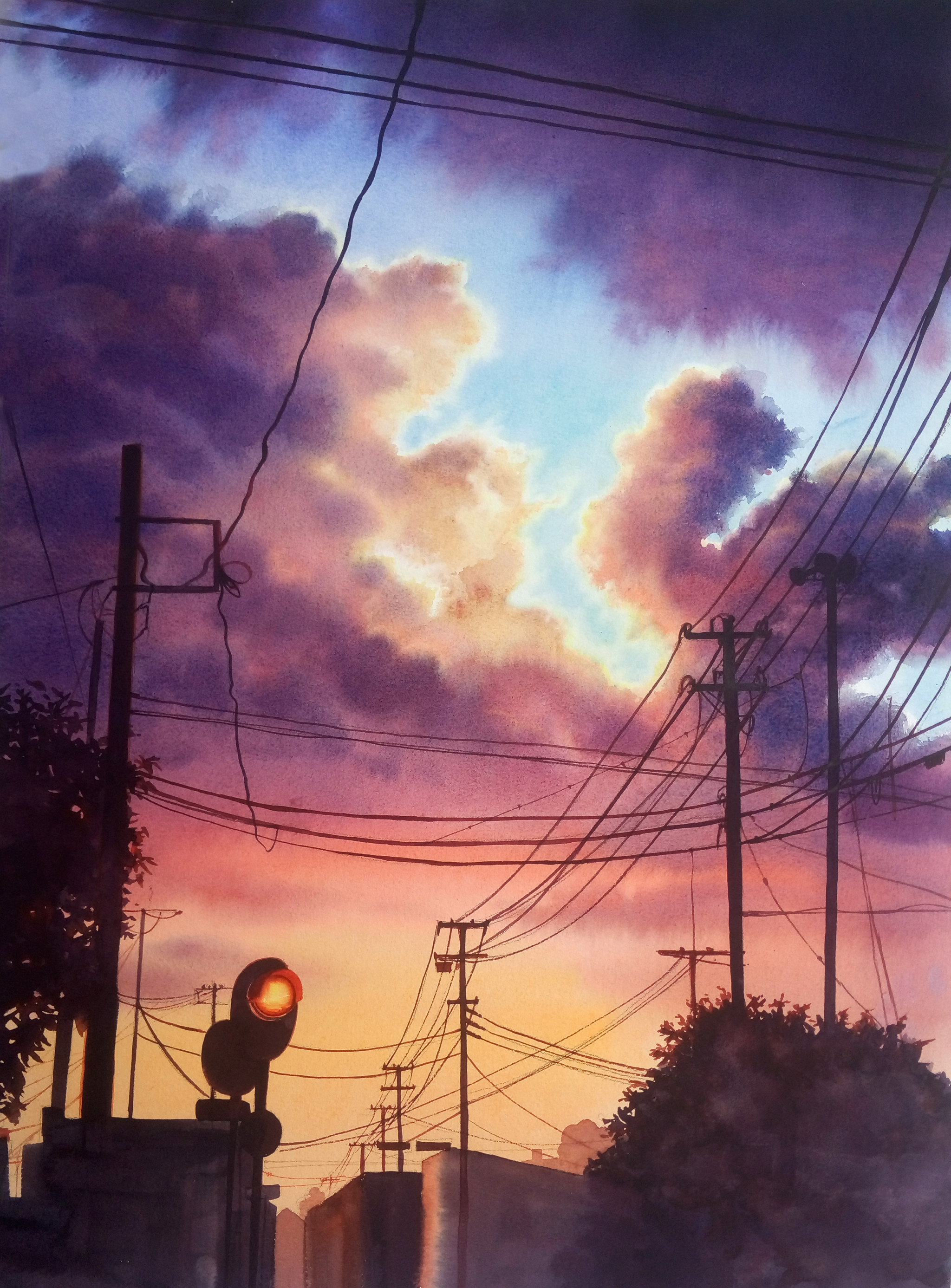 Clouds and wires. Watercolor - My, Watercolor, Painting, Landscape, Clouds